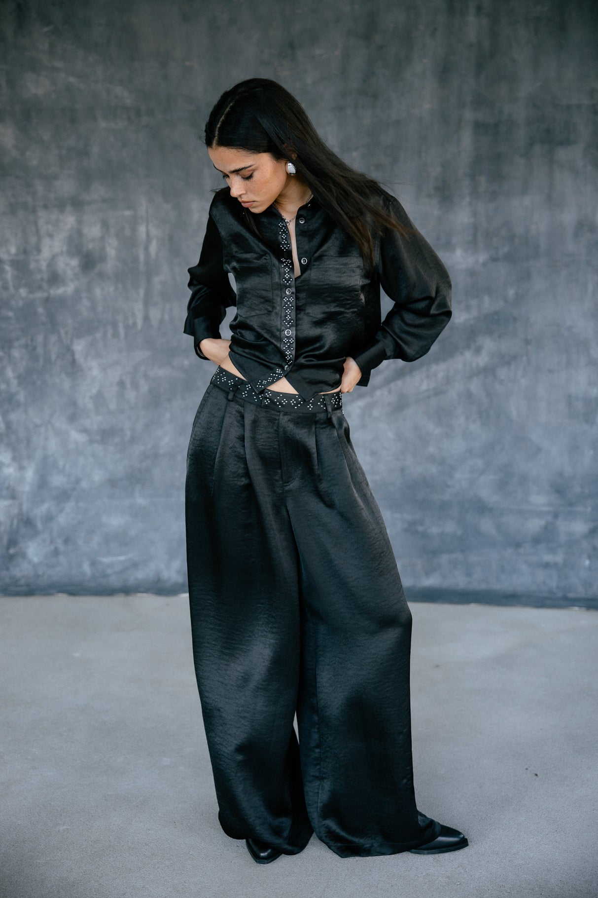 Pantalon large taille haute Femme Paolina Satinado black | Freeman T. Porter