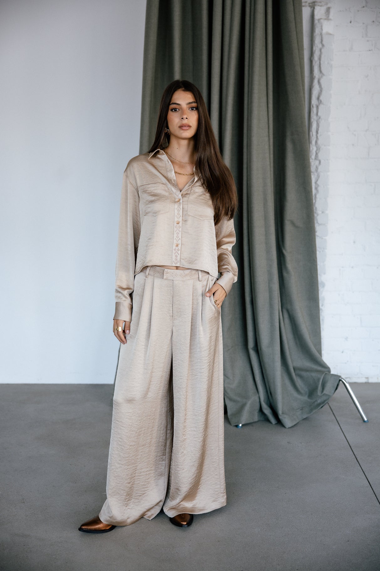 Pantalon large taille haute Femme Paolina Satinado gold | Freeman T. Porter