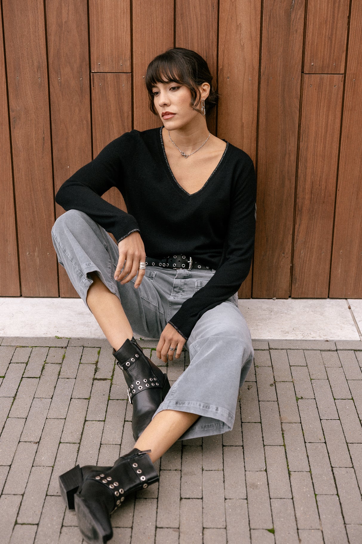 Pantalon cropped large à revers Femme Alice Needlecord stormy weather | Freeman T. Porter