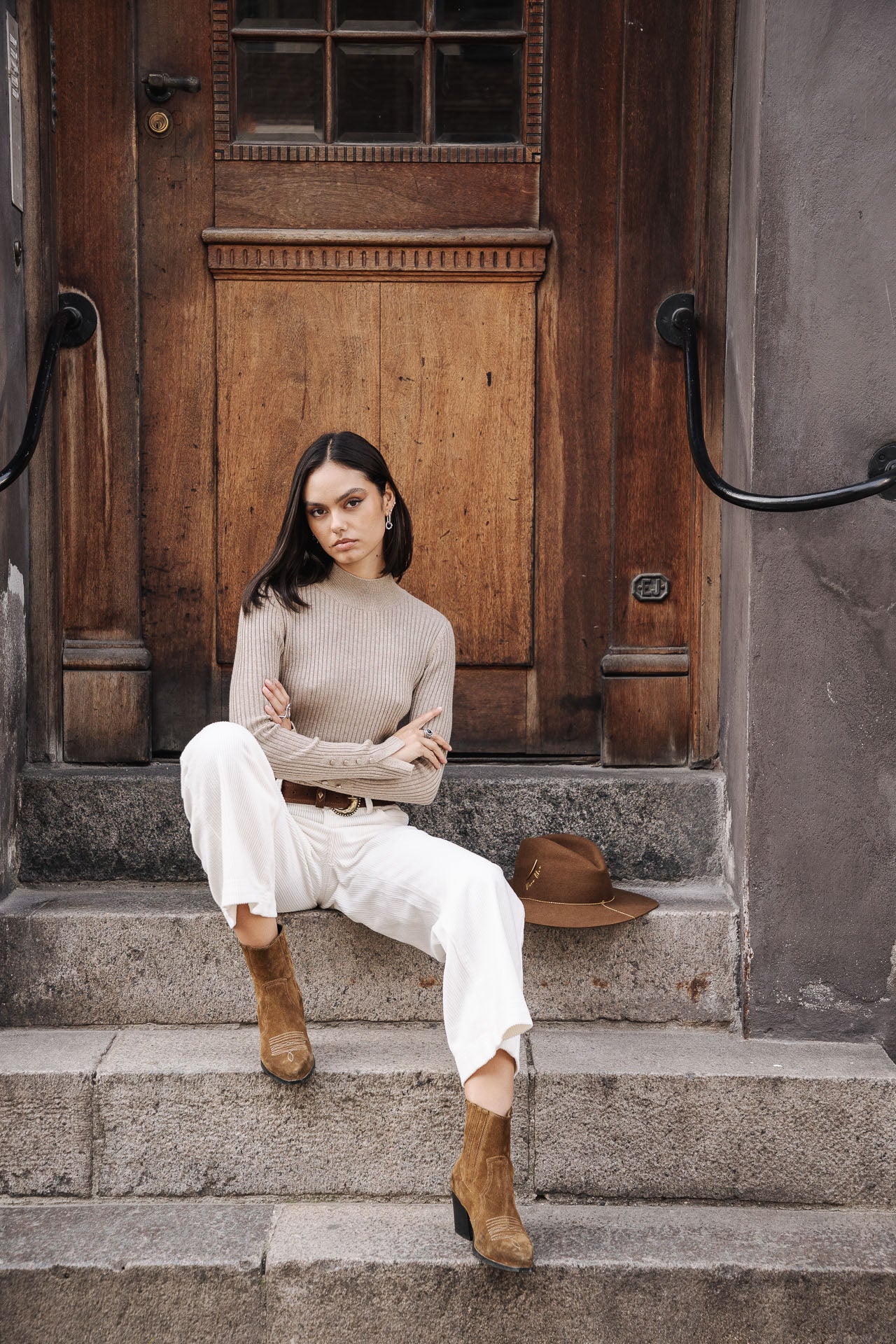 Pantalon velours taille haute Mujer Nylia Veluto egret | Freeman T. Porter