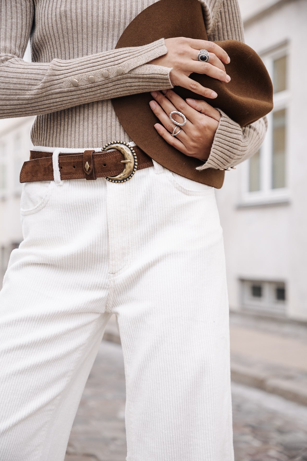 Pantalon velours taille haute Mujer Nylia Veluto egret | Freeman T. Porter