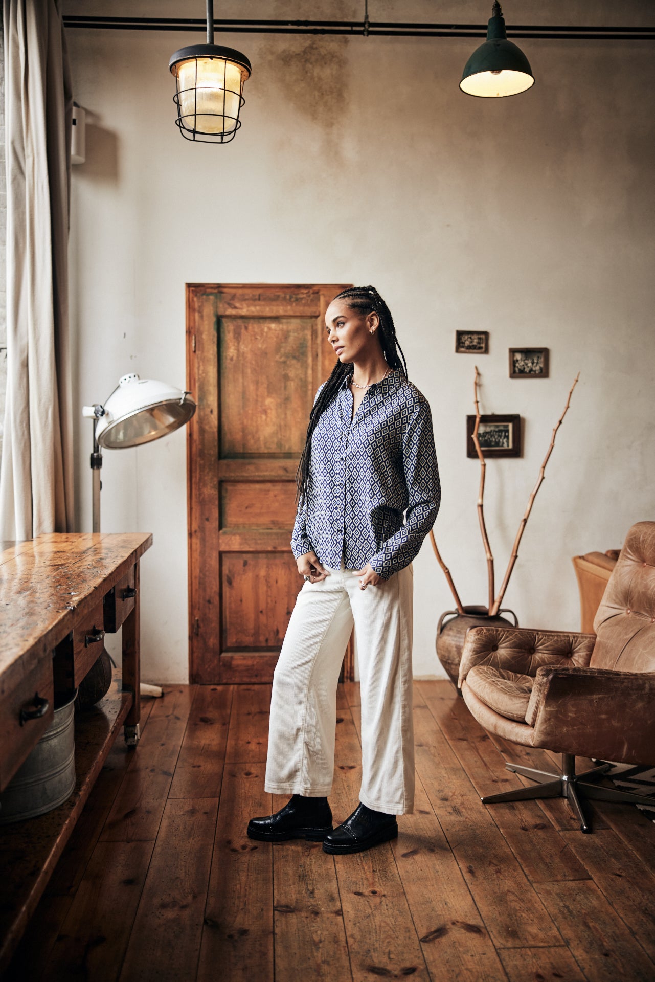 Pantalon velours taille haute Mujer Nylia Veluto egret | Freeman T. Porter
