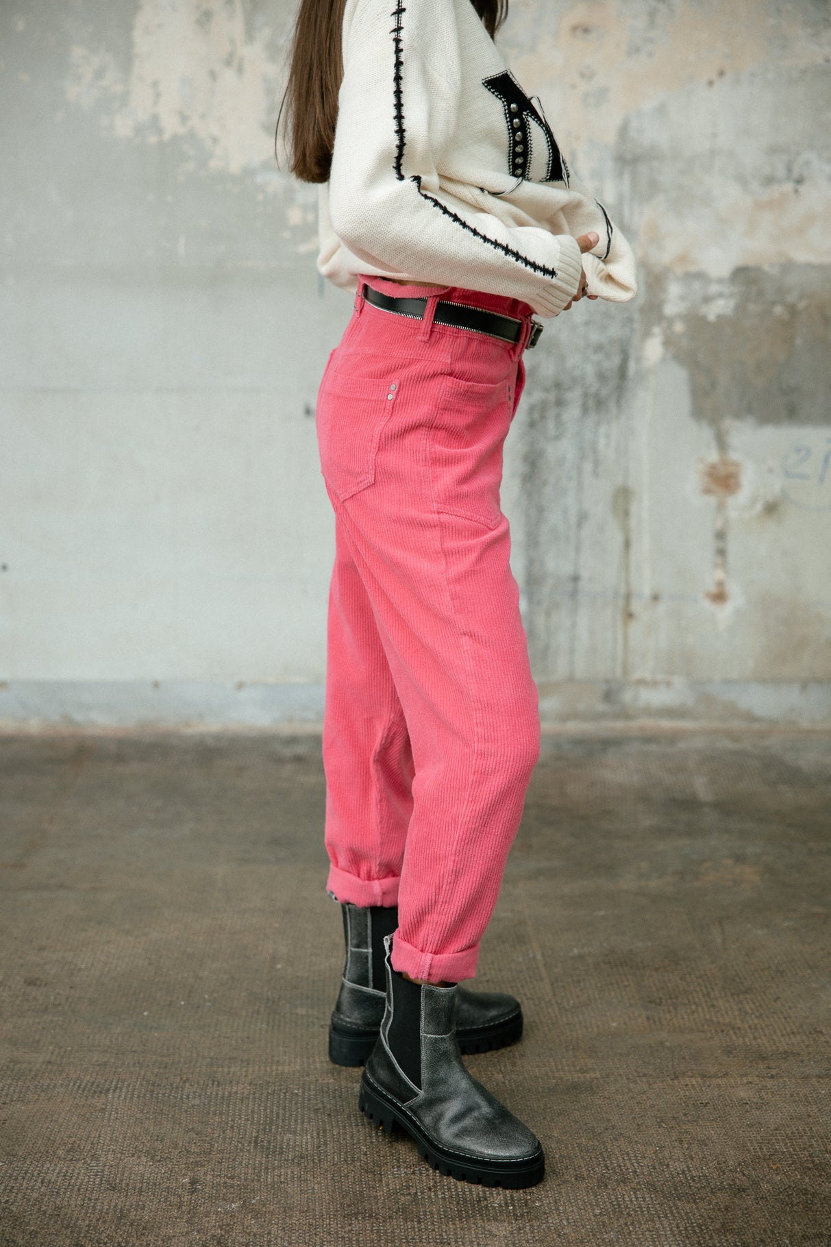 Pantalon velours taille haute Frau Joyce Veluto pink fluo | Freeman T. Porter