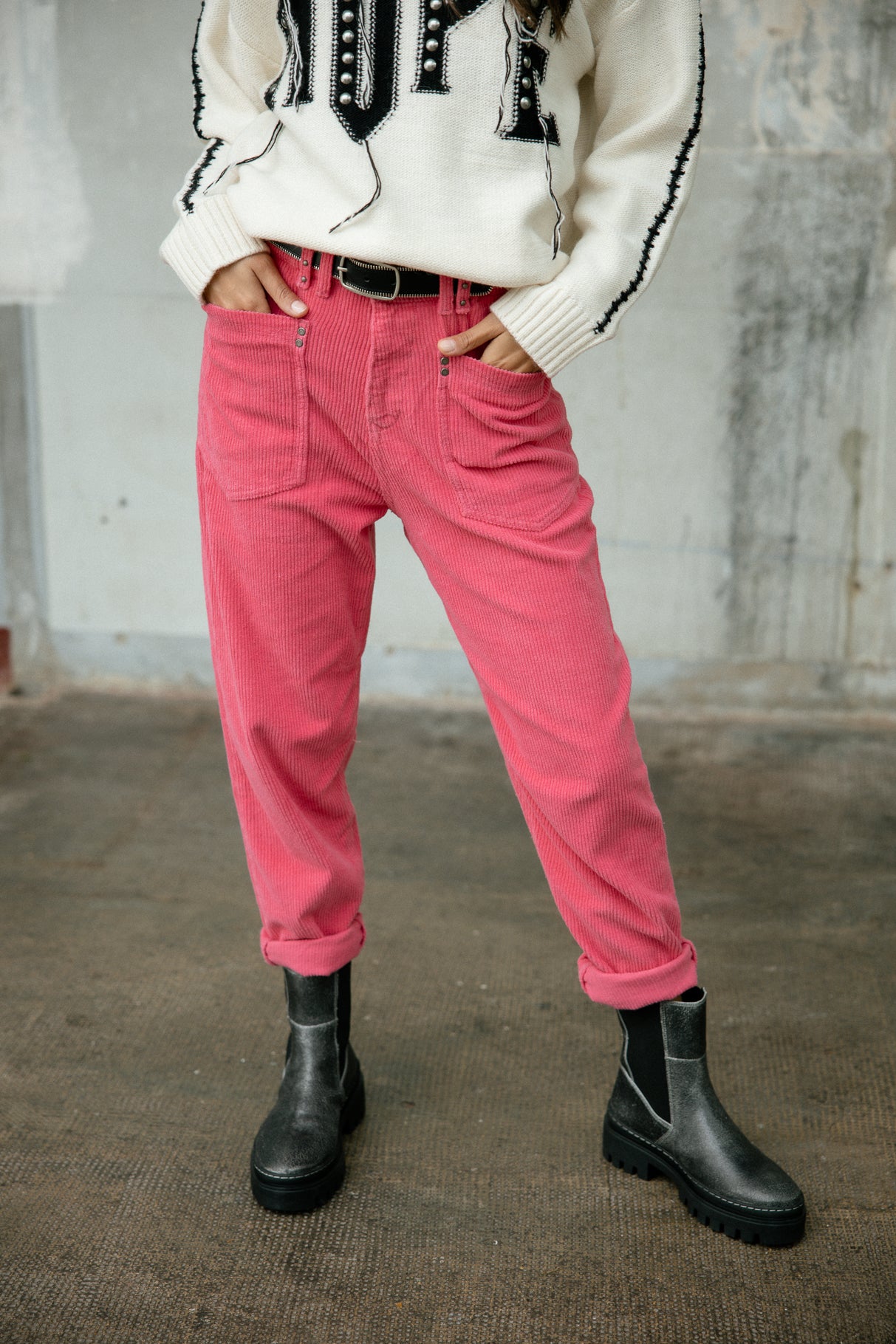 Pantalon velours taille haute Frau Joyce Veluto pink fluo | Freeman T. Porter