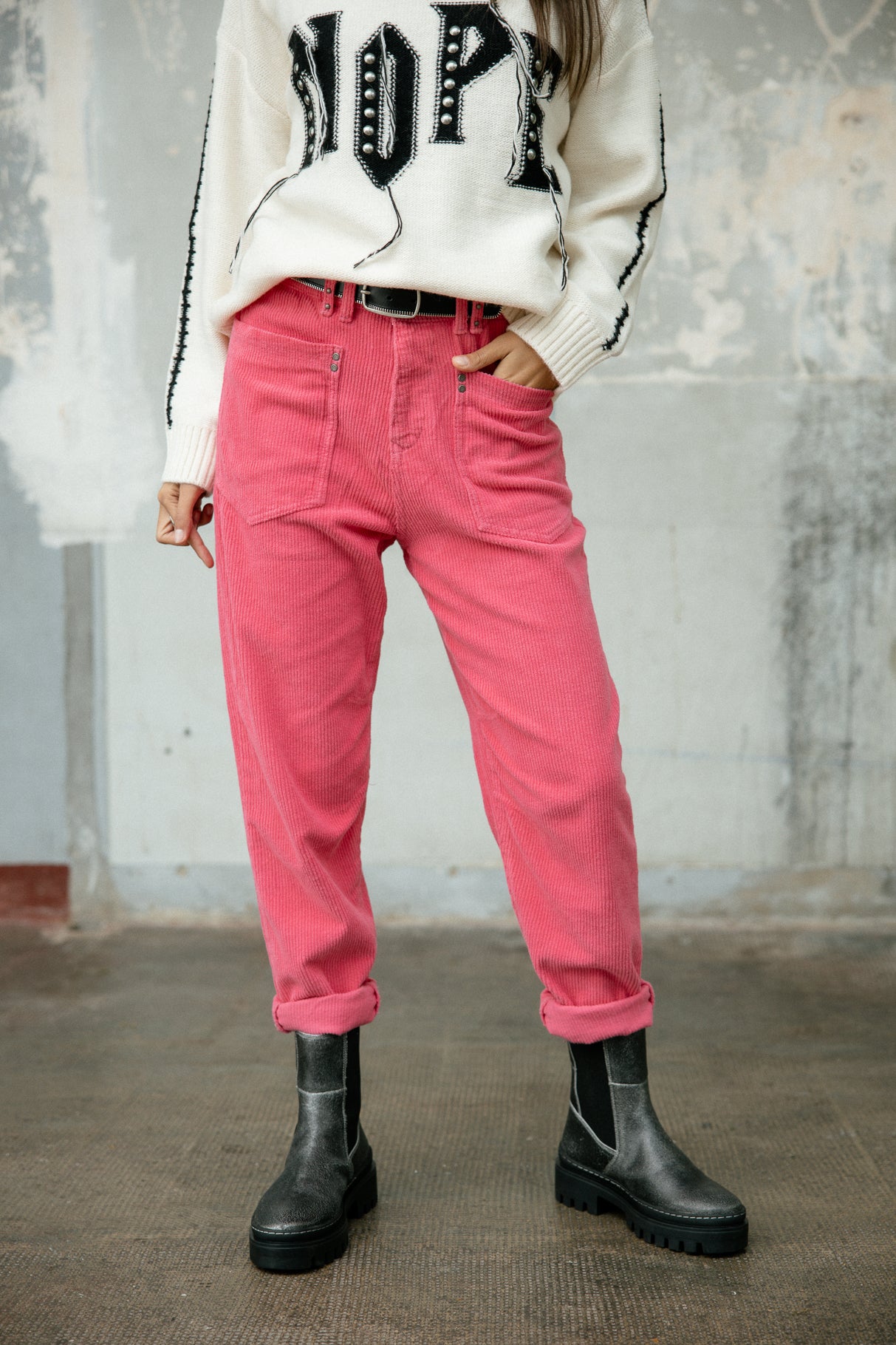 Pantalon velours taille haute Frau Joyce Veluto pink fluo | Freeman T. Porter