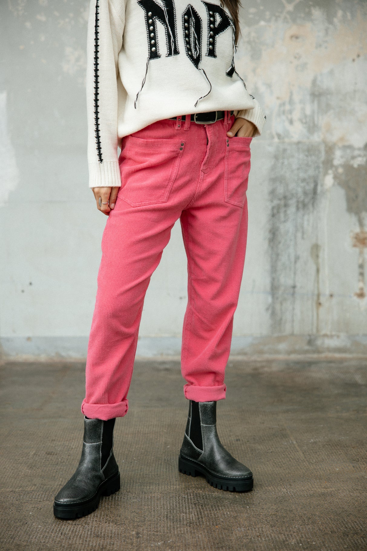 Pantalon velours taille haute Frau Joyce Veluto pink fluo | Freeman T. Porter