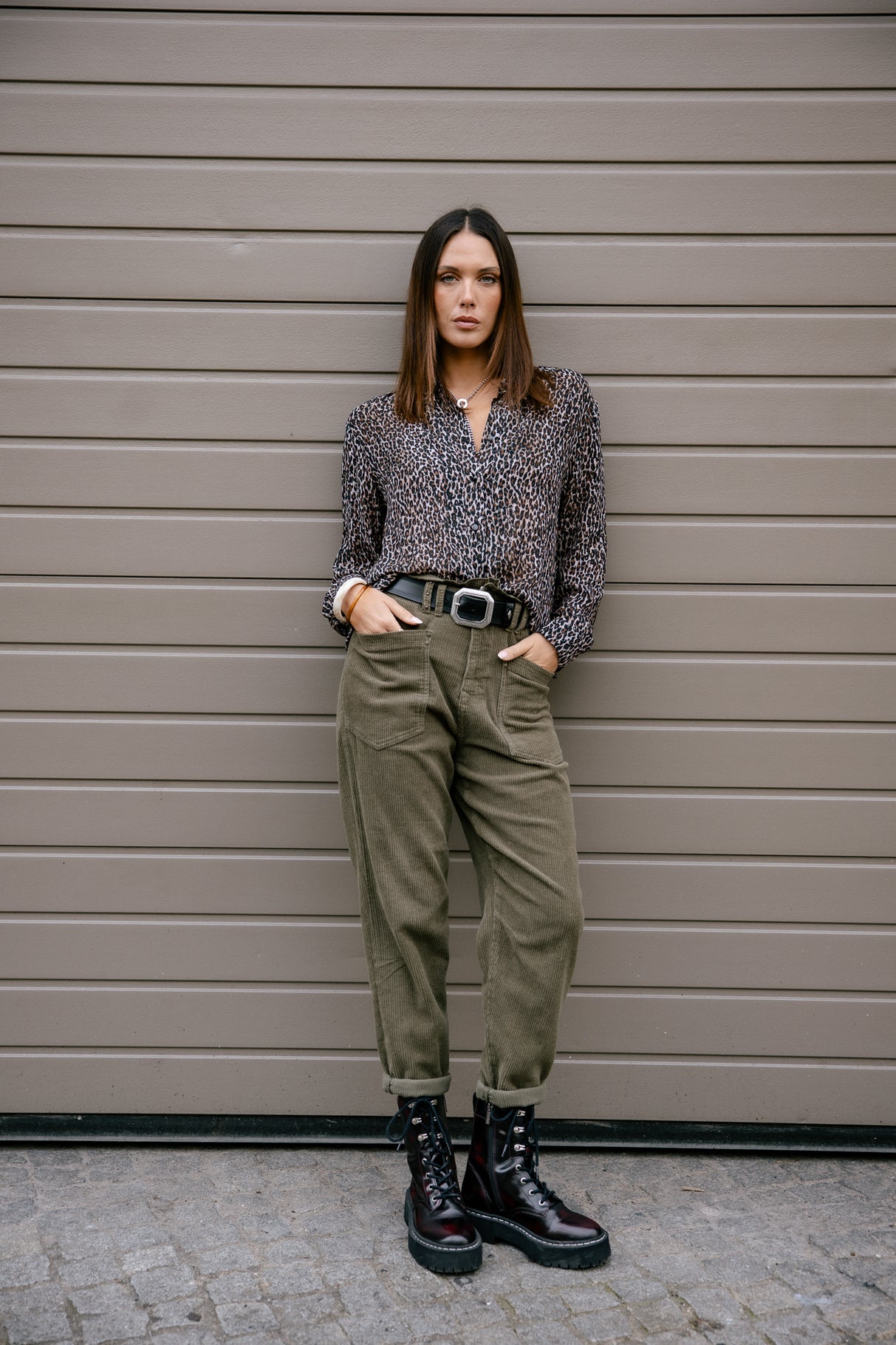 Pantalon velours taille haute Frau Joyce Veluto forest night | Freeman T. Porter