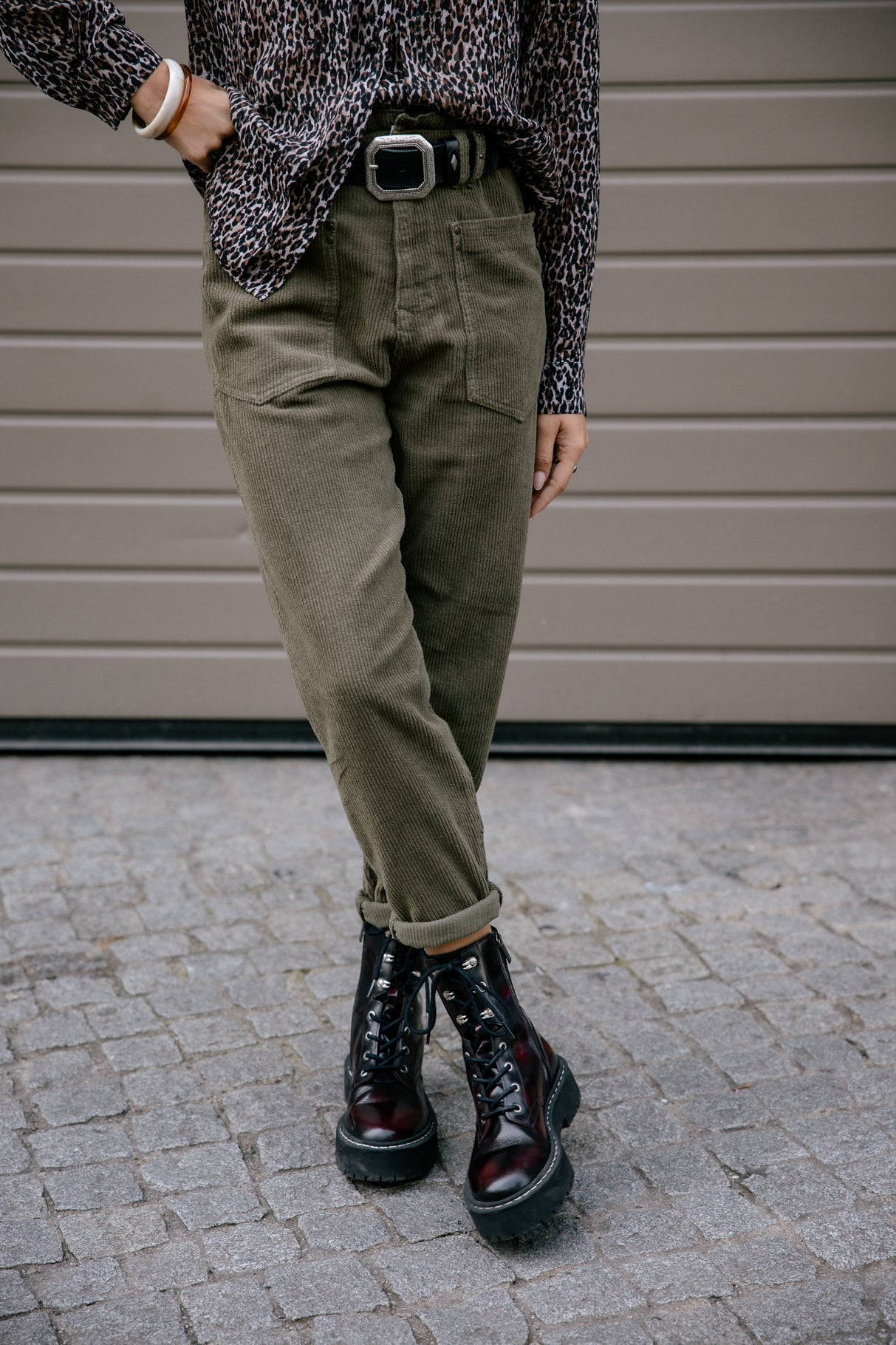 Pantalon velours taille haute Frau Joyce Veluto forest night | Freeman T. Porter