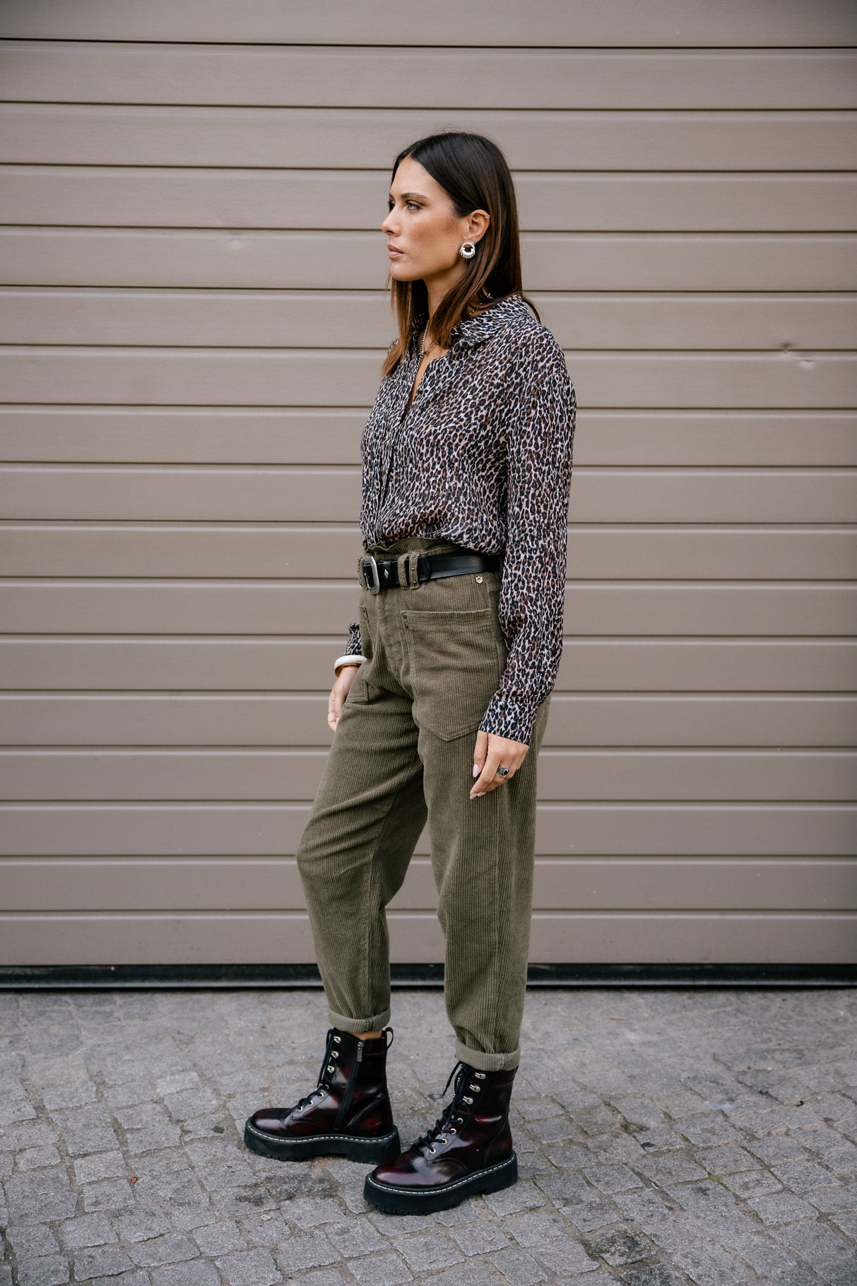 Pantalon velours taille haute Frau Joyce Veluto forest night | Freeman T. Porter