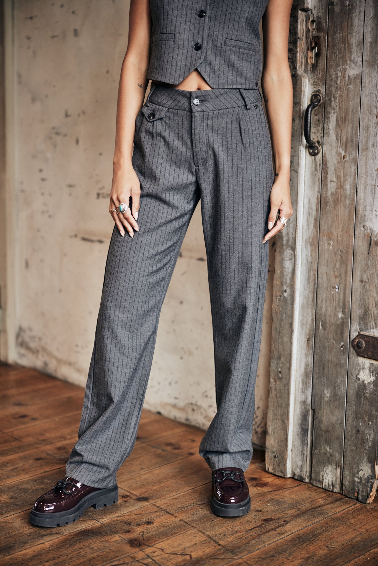 Pantalon droit taille haute Femme Alba Buren Grey moon rock | Freeman T. Porter