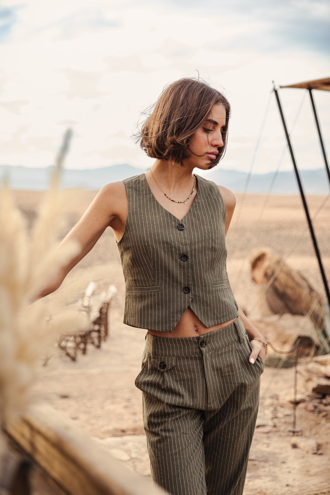 Hose mit hoher Taille Frau Alba Corsaire olivine | Freeman T. Porter