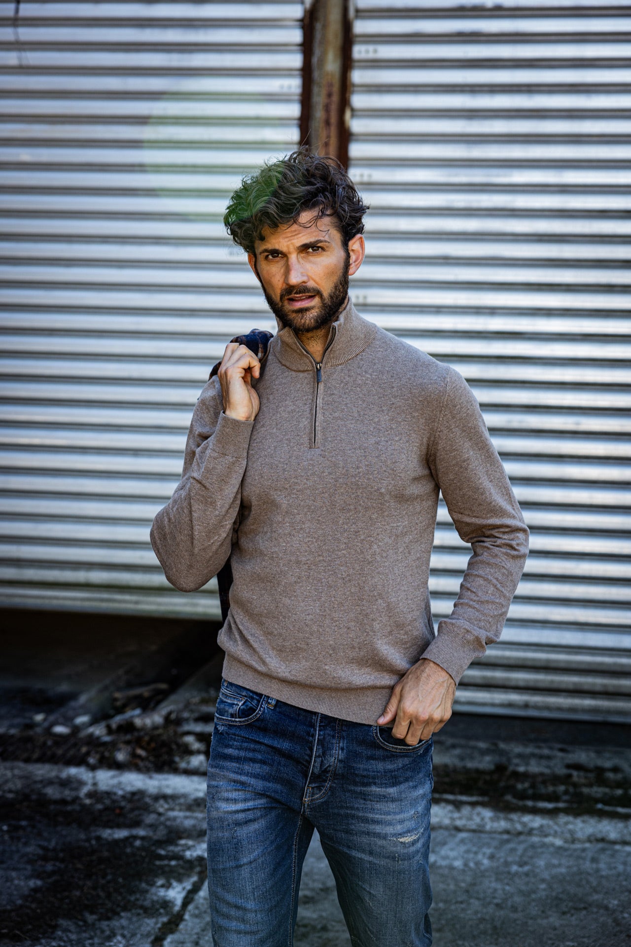 Pull col montant zippé Unisex Palace sand melange | Freeman T. Porter
