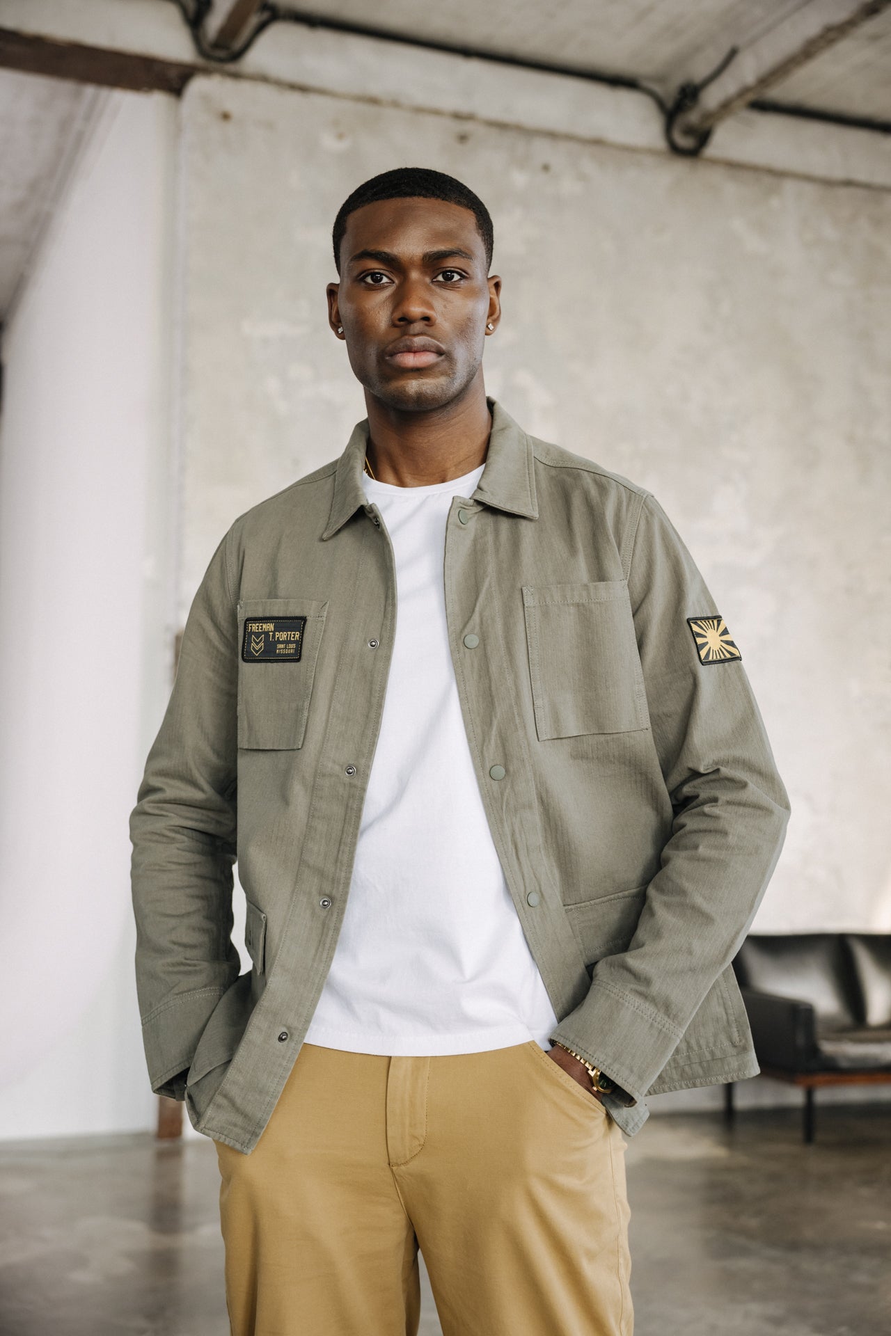 Veste chemise avec patchs Homme Luck Chevron dusty olive | Freeman T. Porter