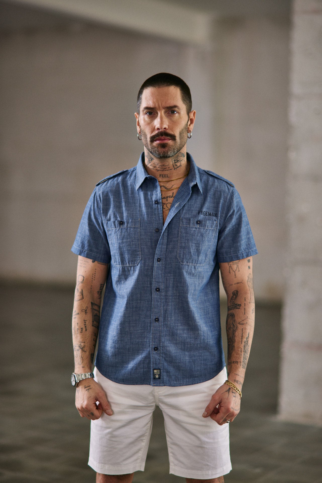 Chemise manches courtes Unisex Glenn Denim shoal ocean | Freeman T. Porter