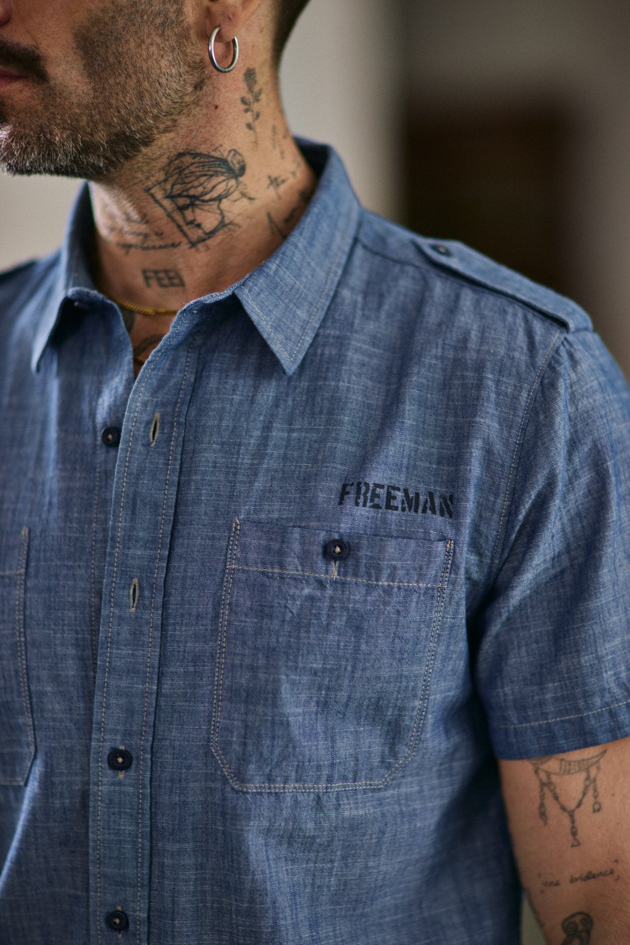 Chemise manches courtes Unisex Glenn Denim shoal ocean | Freeman T. Porter
