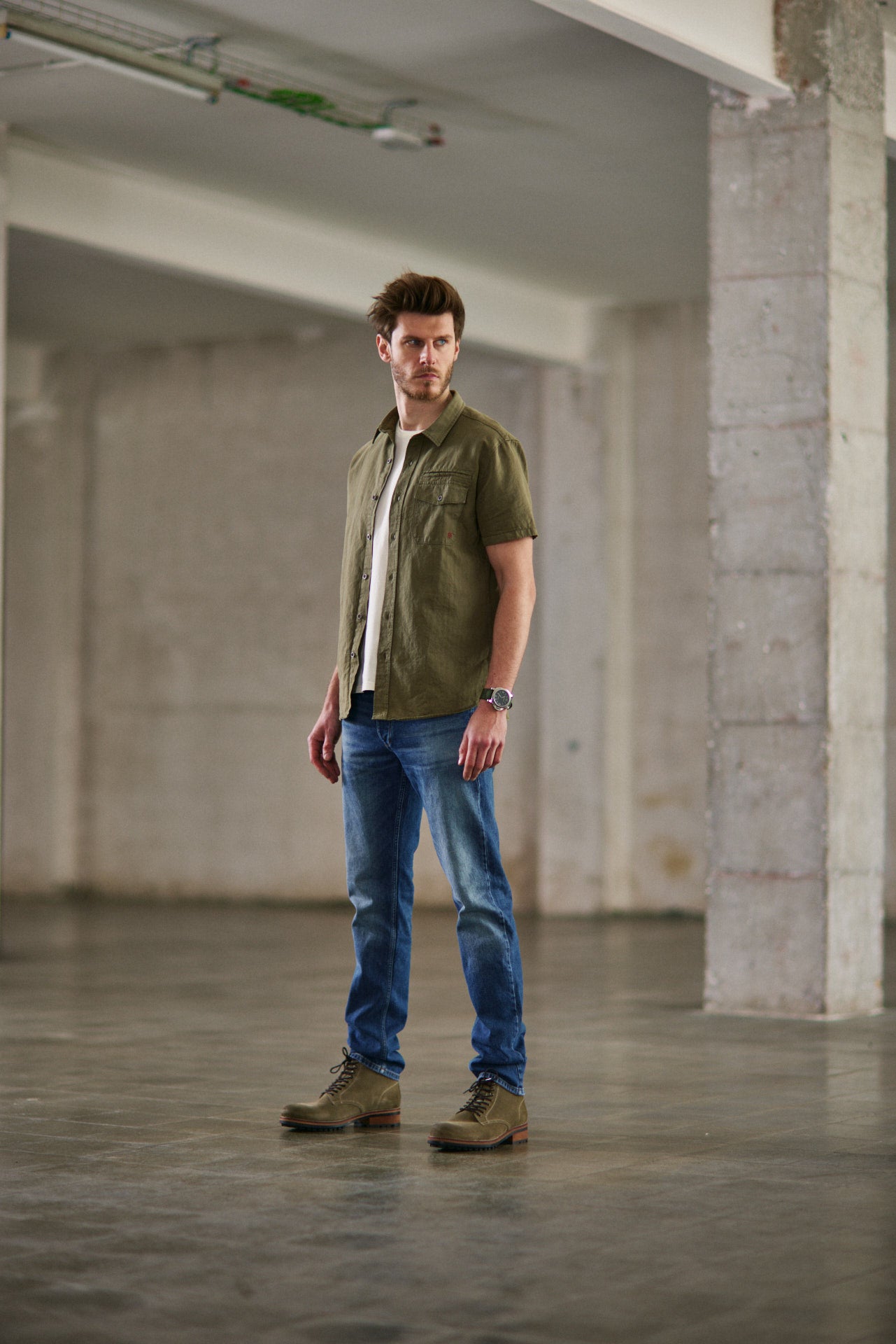 Chemise manches courtes Homme Joshua Washed Linen dusty olive | Freeman T. Porter
