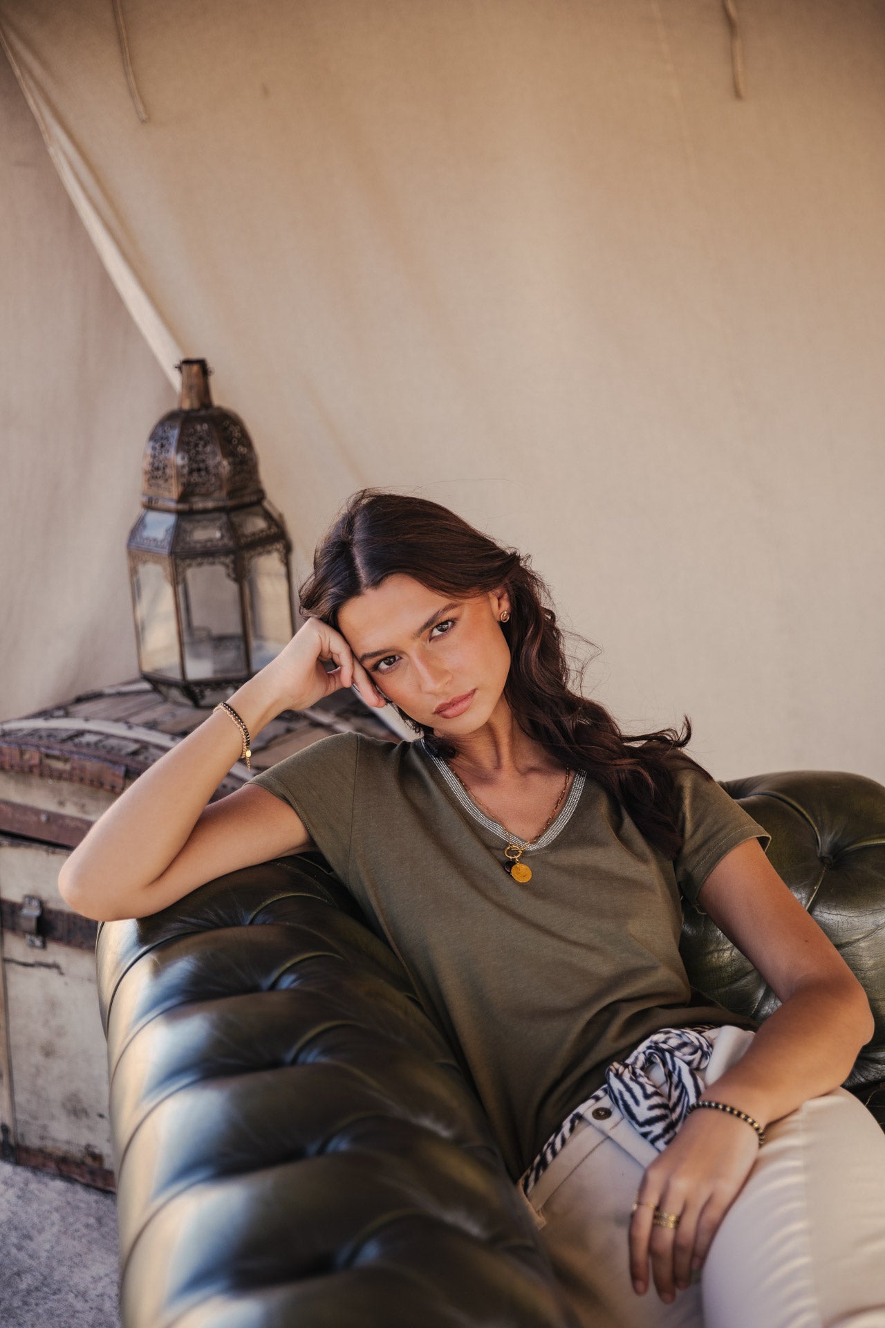 T-Shirt col V Woman Tora dusty olive | Freeman T. Porter