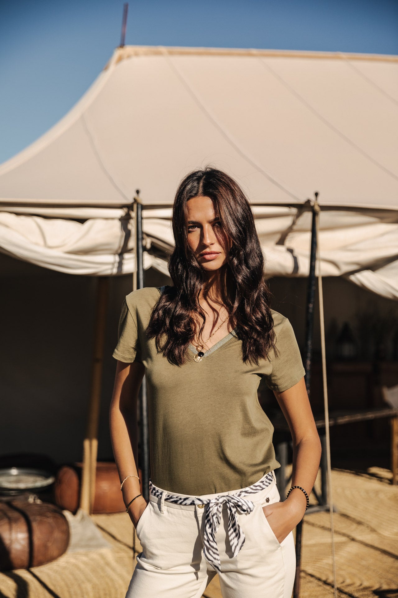 T-Shirt col V Woman Tora dusty olive | Freeman T. Porter