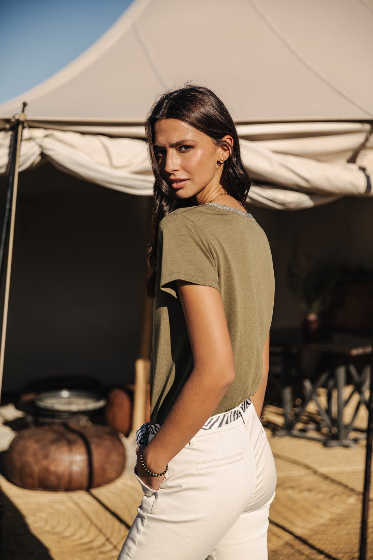 T-Shirt col V Woman Tora dusty olive | Freeman T. Porter