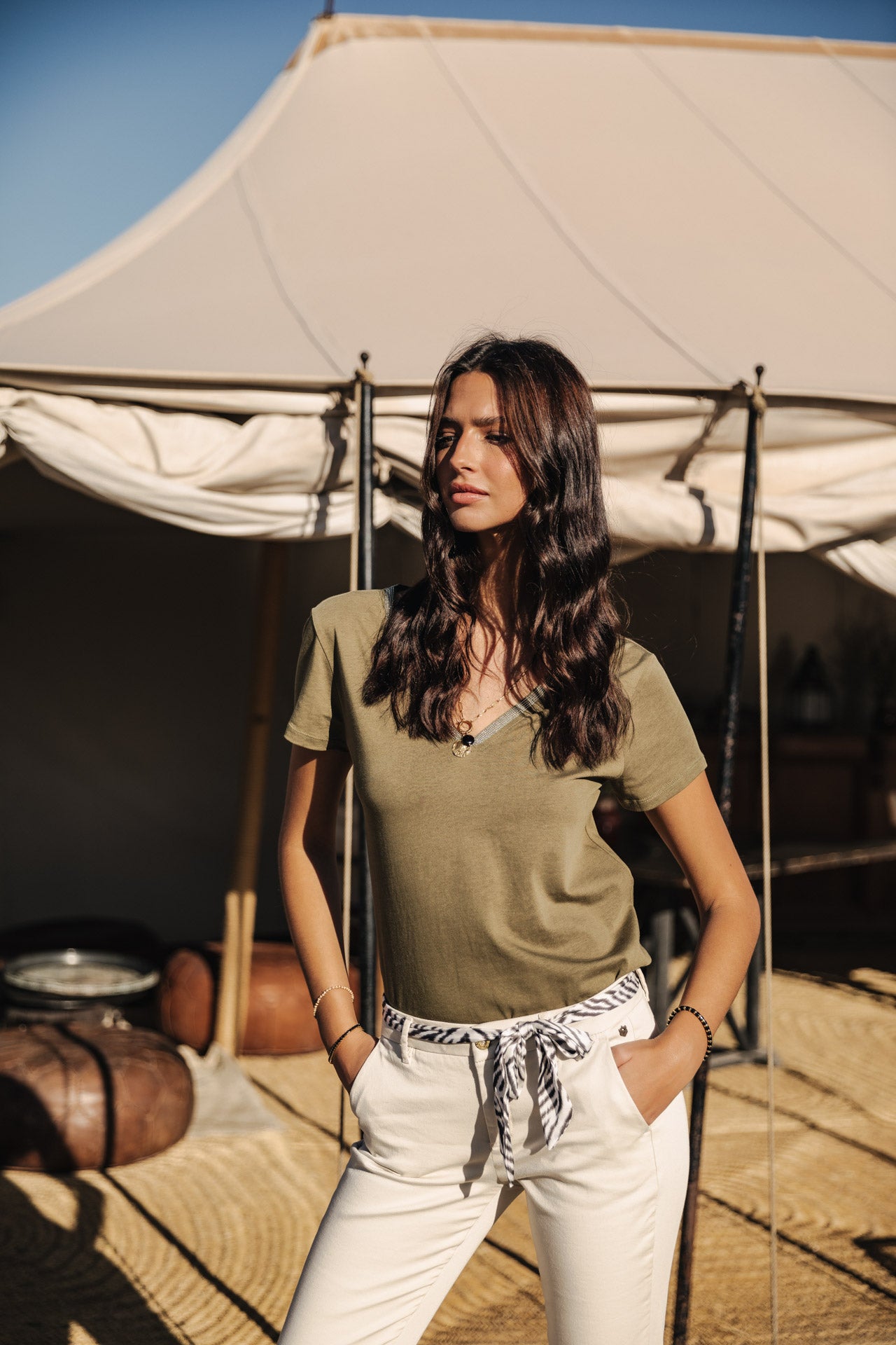 T-Shirt col V Woman Tora dusty olive | Freeman T. Porter