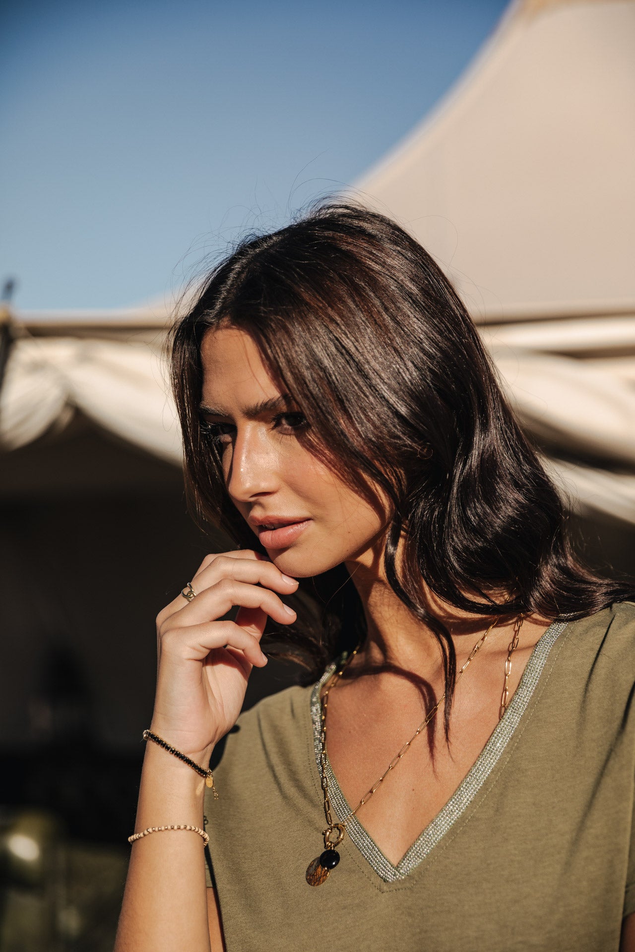T-Shirt col V Woman Tora dusty olive | Freeman T. Porter