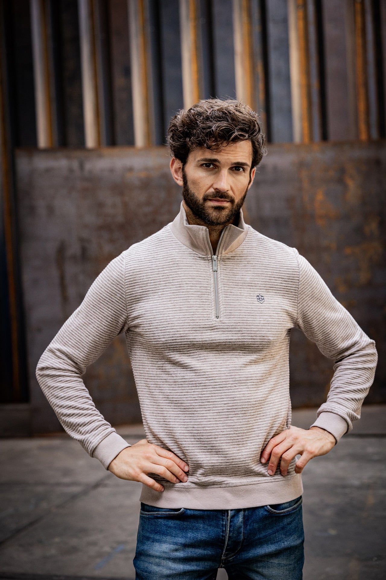 Pull col montant zipé Men Franky Ottoman beige melange | Freeman T. Porter