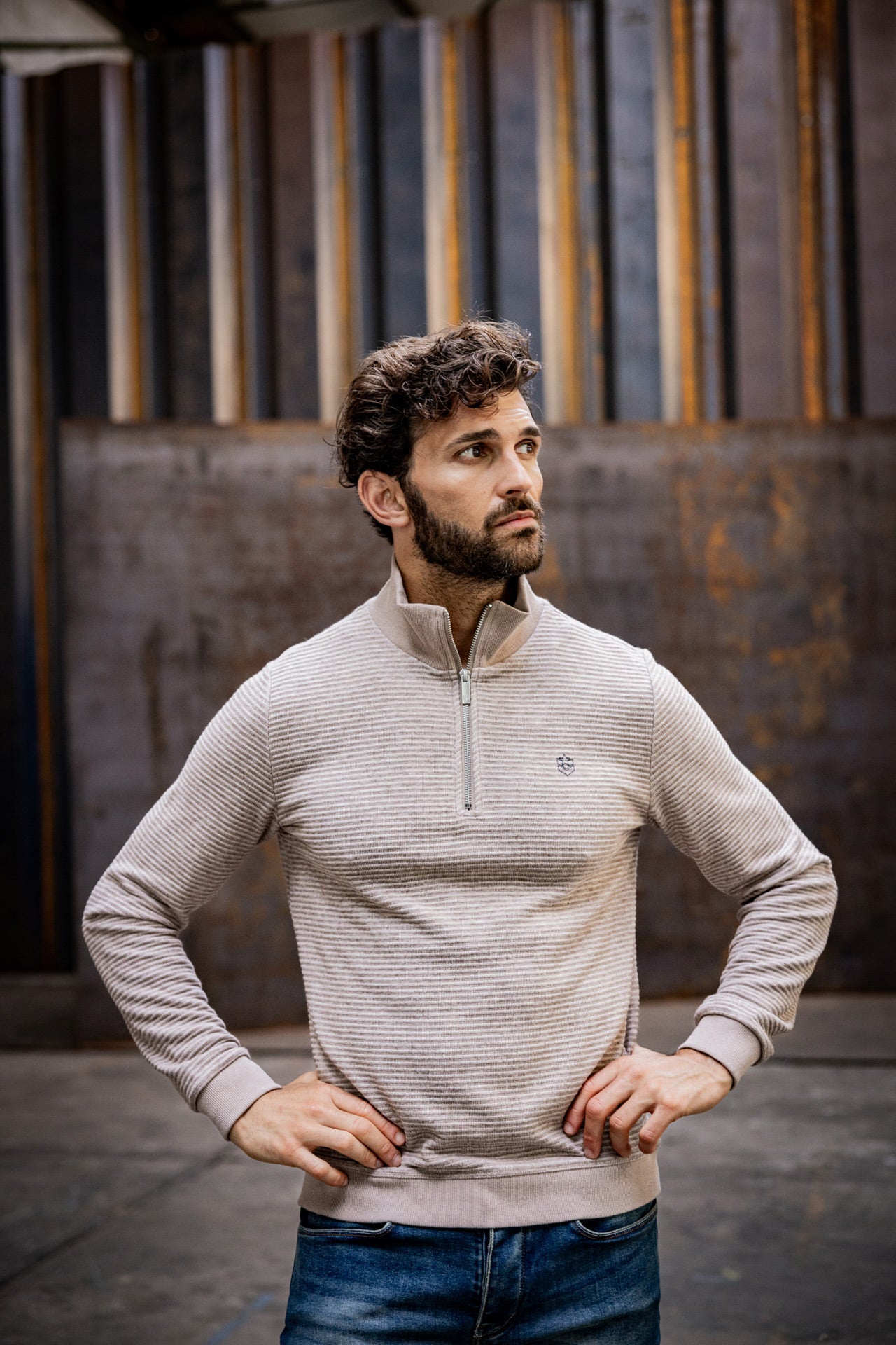 Pull col montant zipé Men Franky Ottoman beige melange | Freeman T. Porter