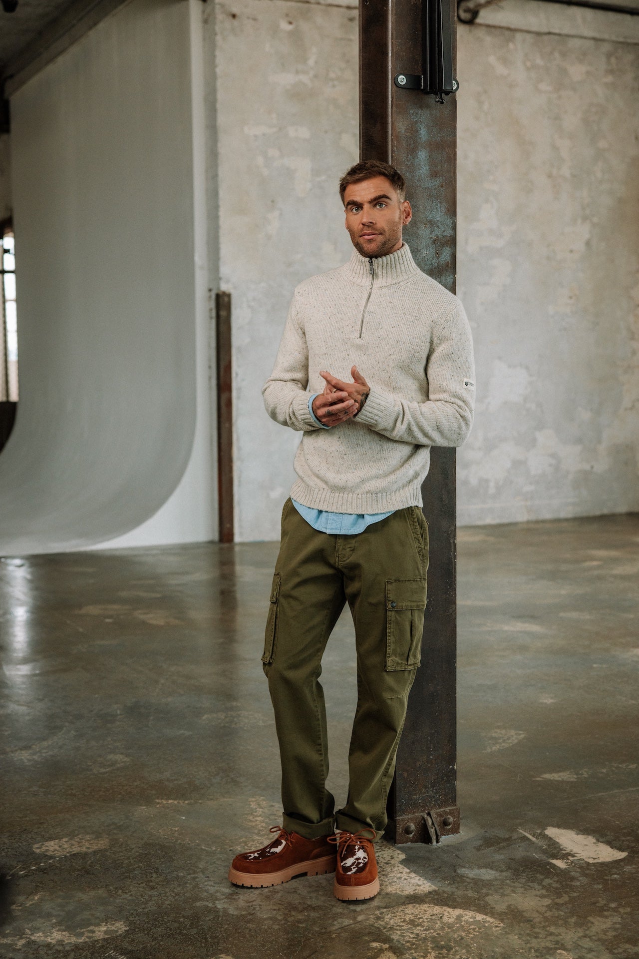 Pull col montant zippé Hombres Franky Kiruna beige melange | Freeman T. Porter