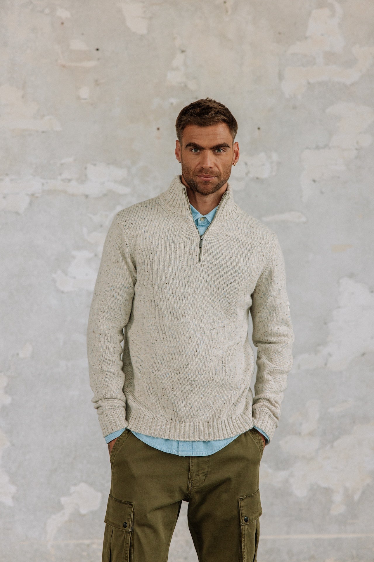 Pull col montant zippé Hombres Franky Kiruna beige melange | Freeman T. Porter