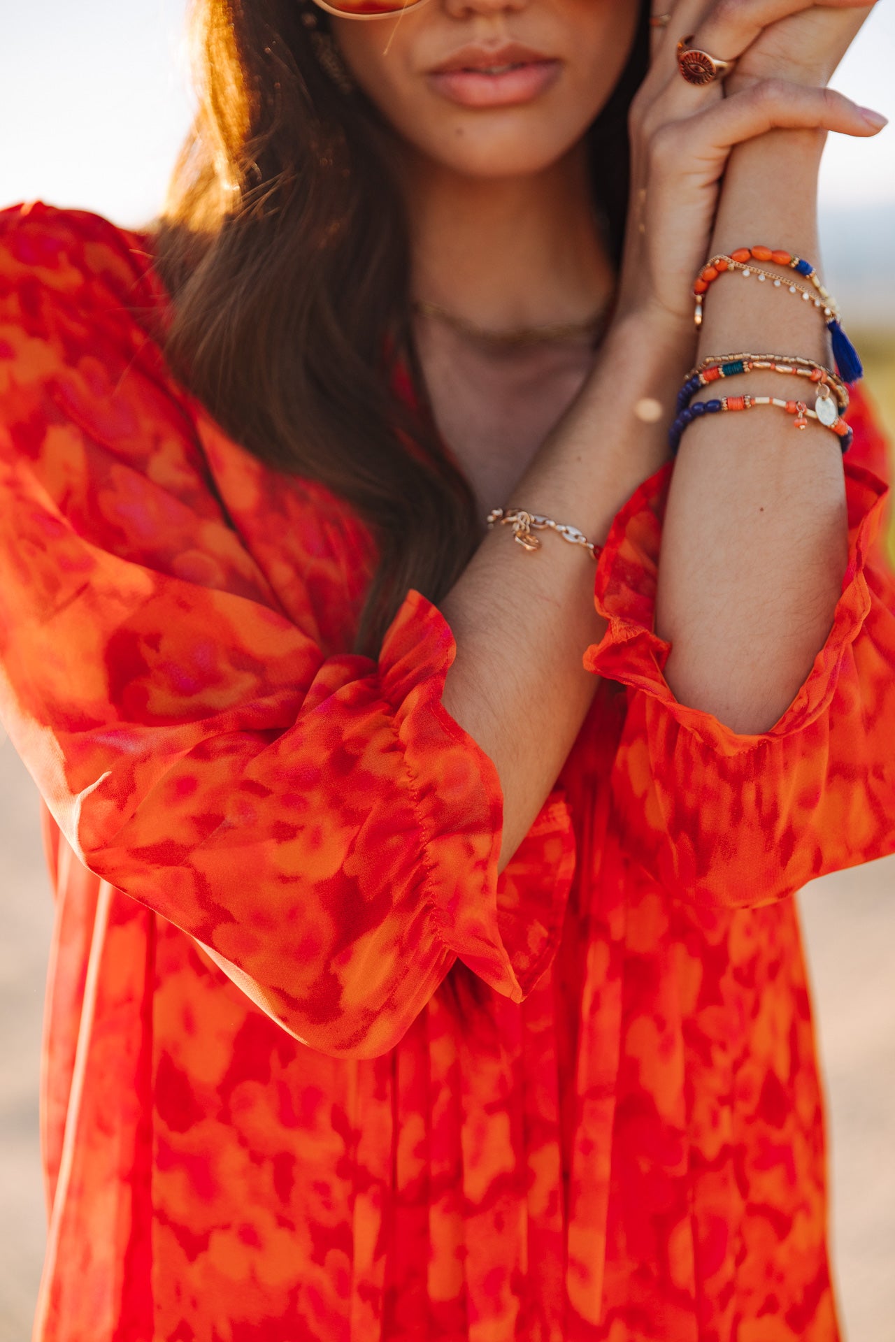 Robe courte ample Frau Juna Blurred Flowers tangerine tango | Freeman T. Porter