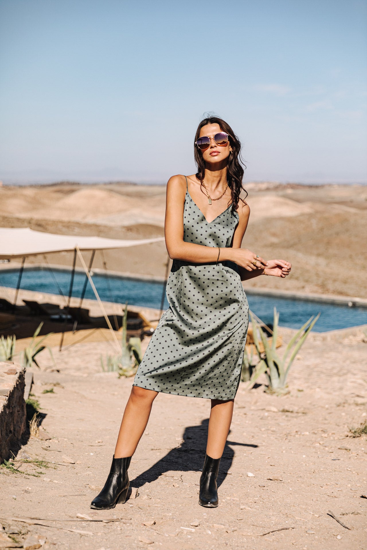 Robe mi-longue Frau Renelle Dots khaki | Freeman T. Porter