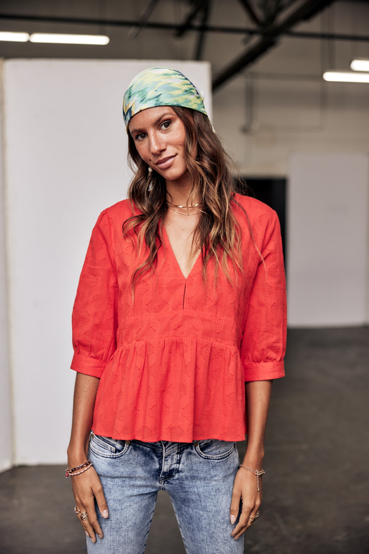 Top manches 3/4 Femme Telinda Plain Color fiesta red | Freeman T. Porter