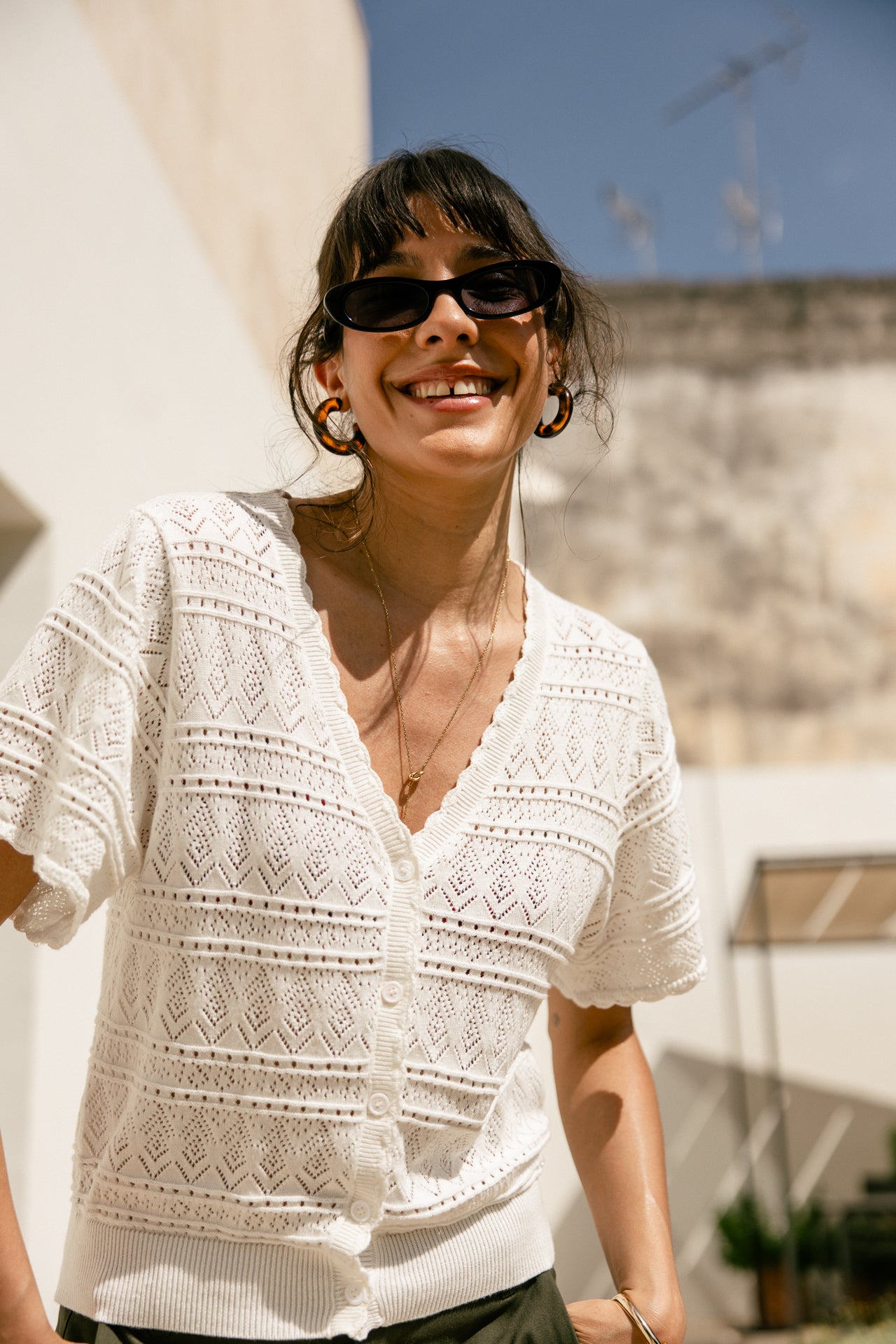 Cardigan en maille ajourée Femme Pradda off white | Freeman T. Porter