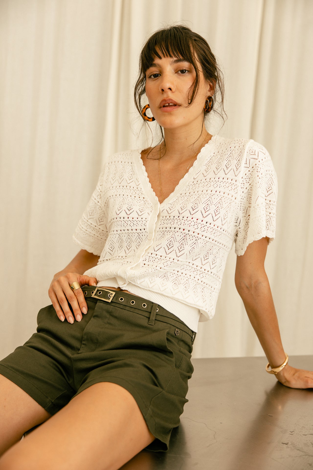 Cardigan en maille ajourée Femme Pradda off white | Freeman T. Porter