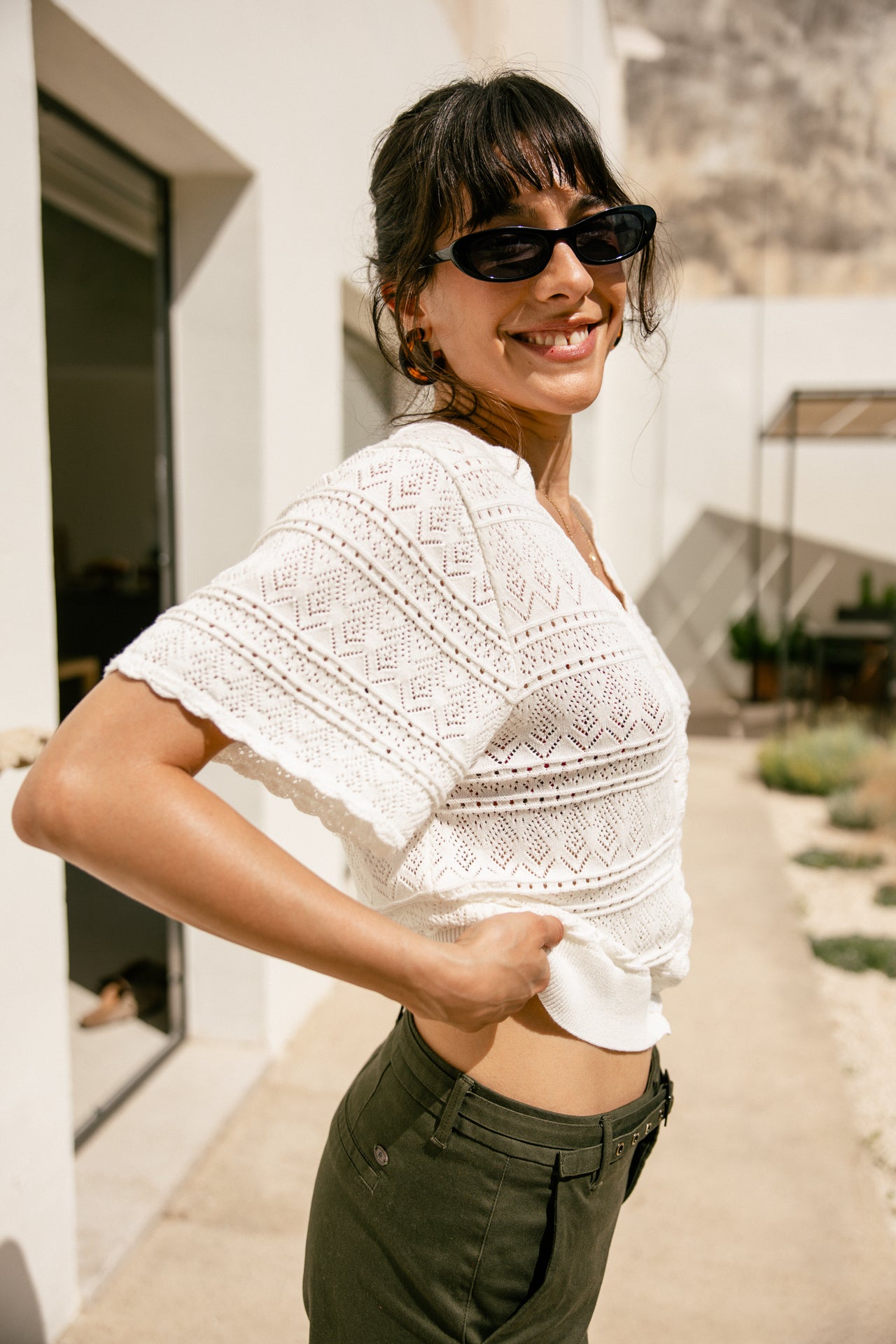 Cardigan en maille ajourée Femme Pradda off white | Freeman T. Porter