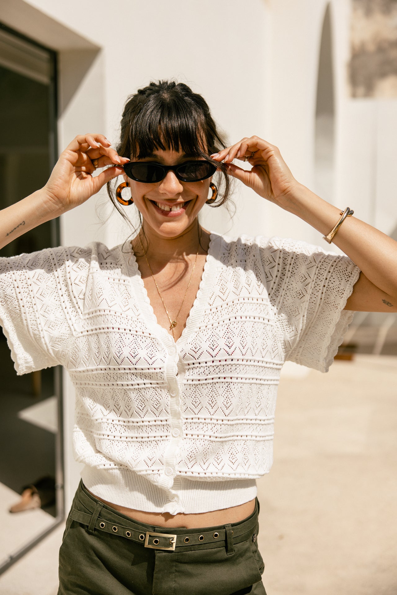 Cardigan en maille ajourée Femme Pradda off white | Freeman T. Porter