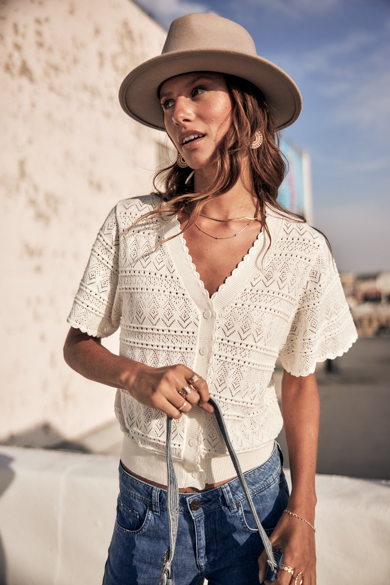 Cardigan en maille ajourée Femme Pradda off white | Freeman T. Porter