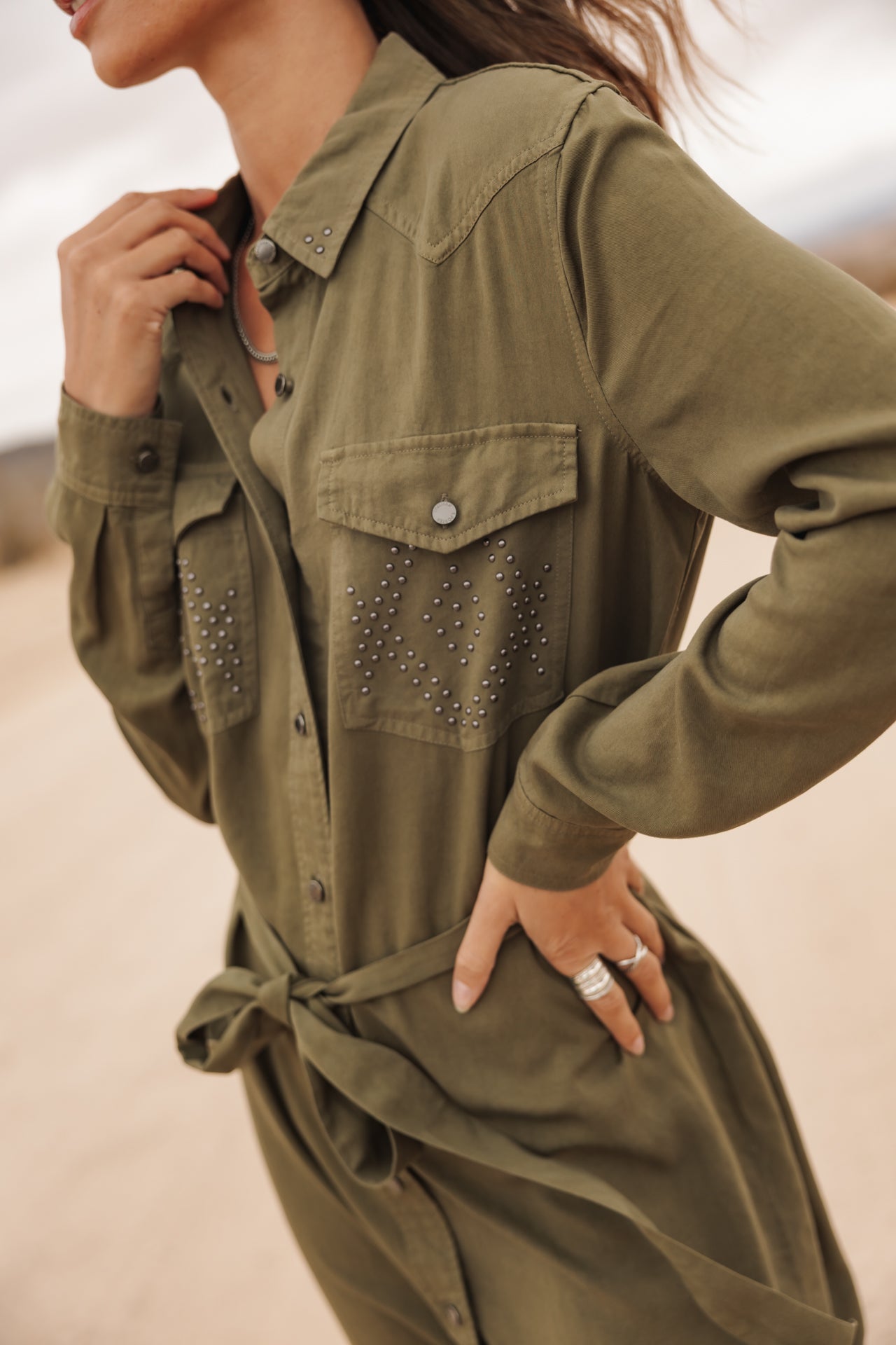 Shirt dress with stud detail Woman Ravissa Plain khaki | Freeman T. Porter