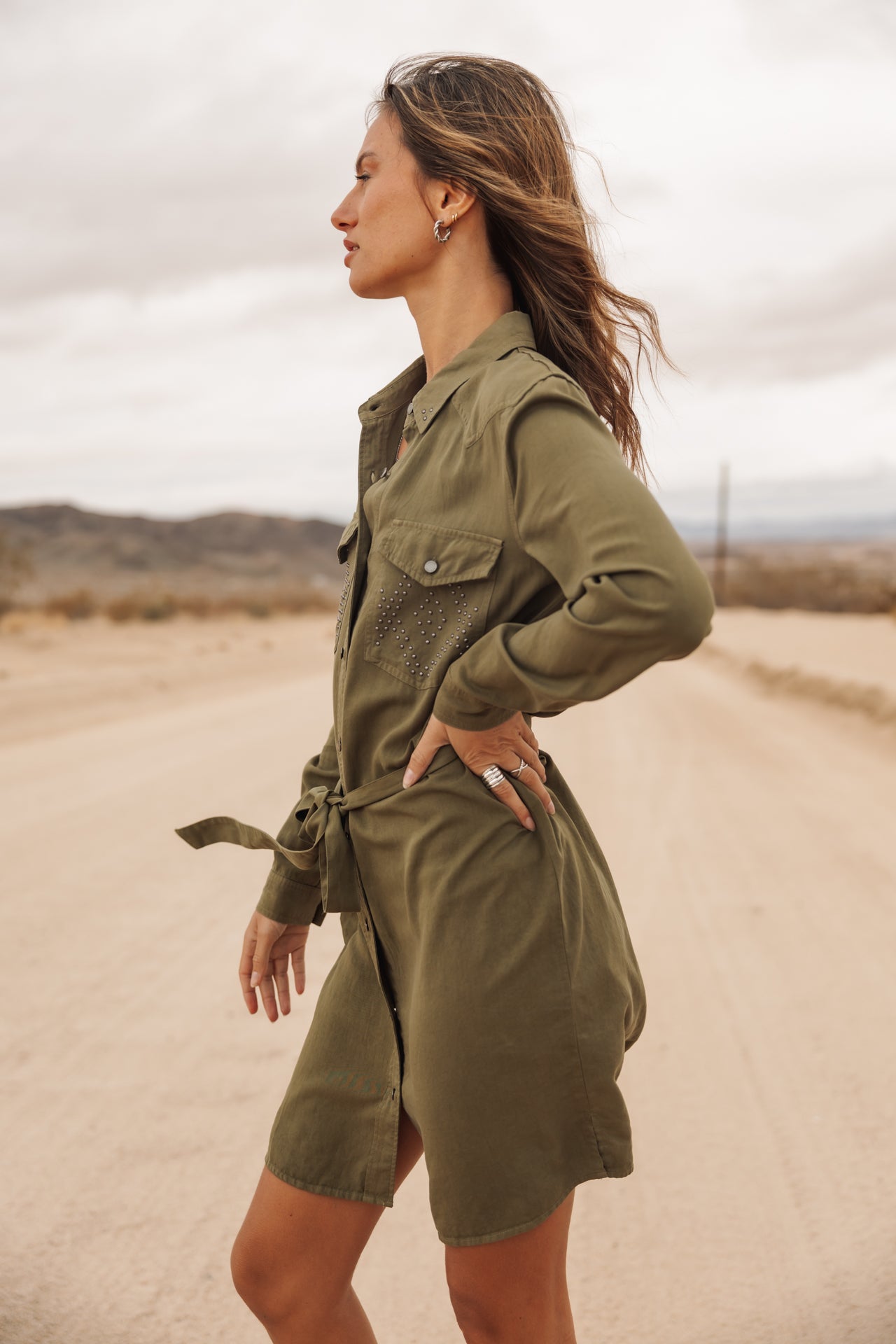 Shirt dress with stud detail Woman Ravissa Plain khaki | Freeman T. Porter