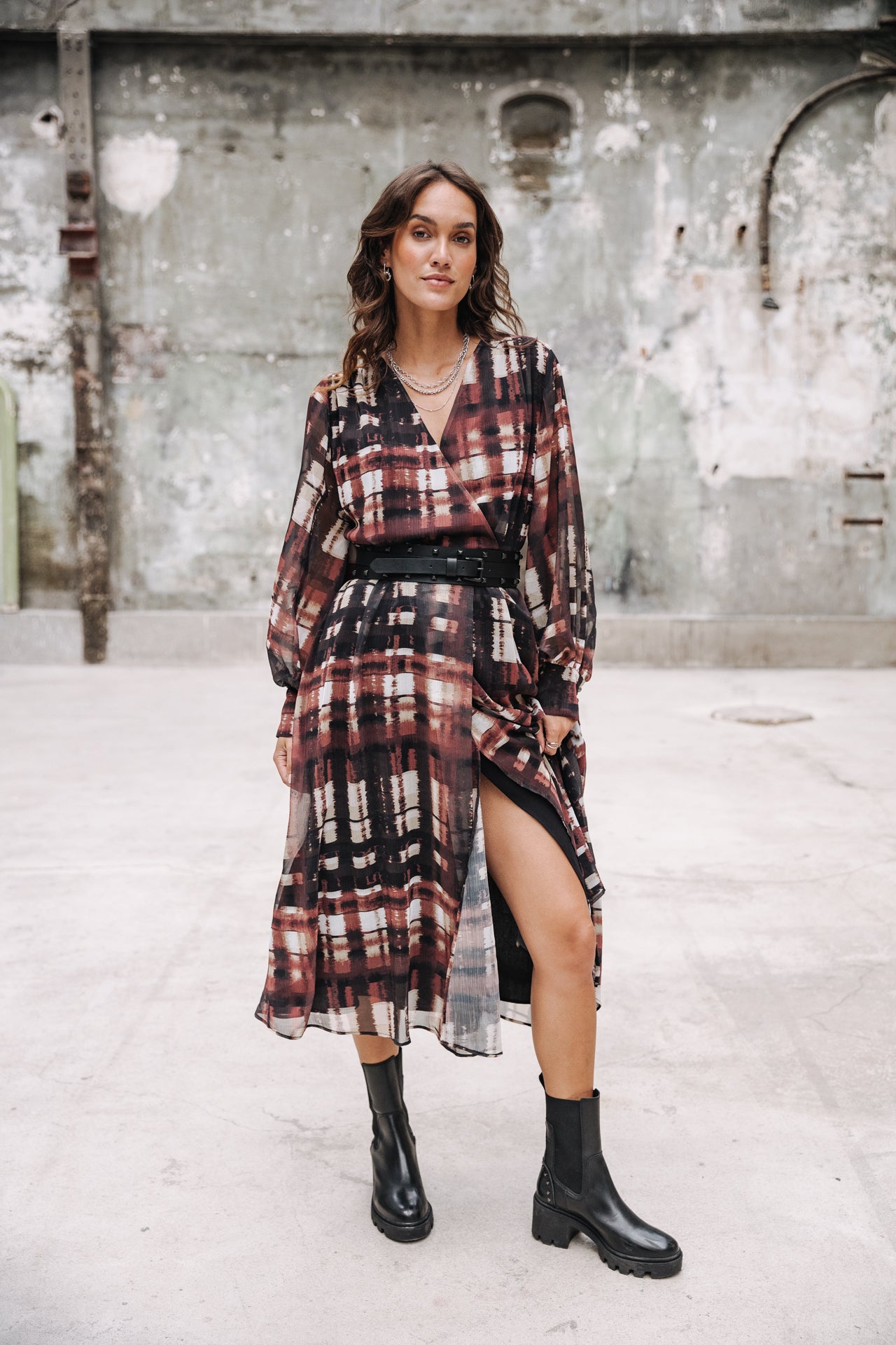 Robe longue cache-cœur Frau Rosella Blurry Gingham original | Freeman T. Porter