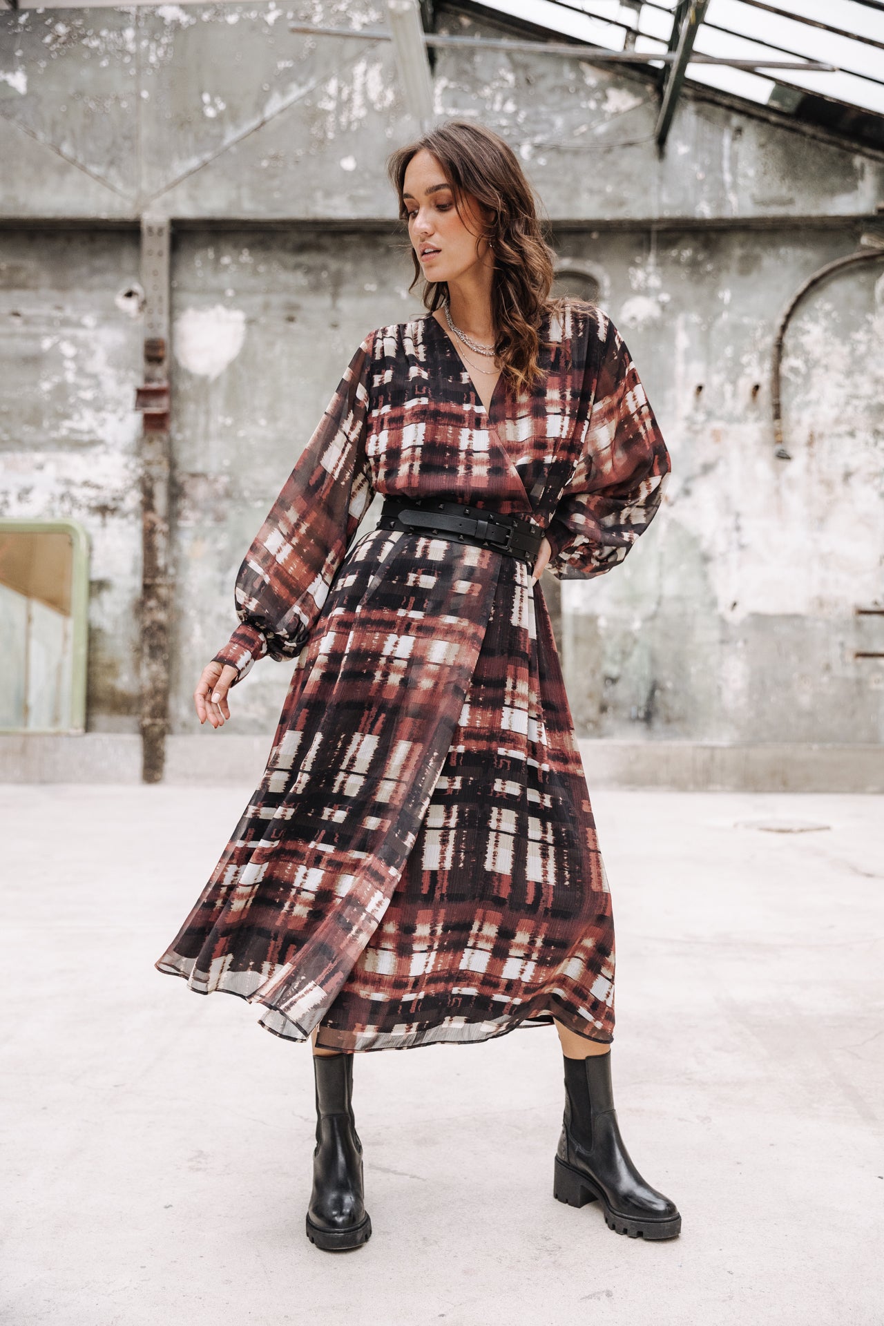 Robe longue cache-cœur Frau Rosella Blurry Gingham original | Freeman T. Porter