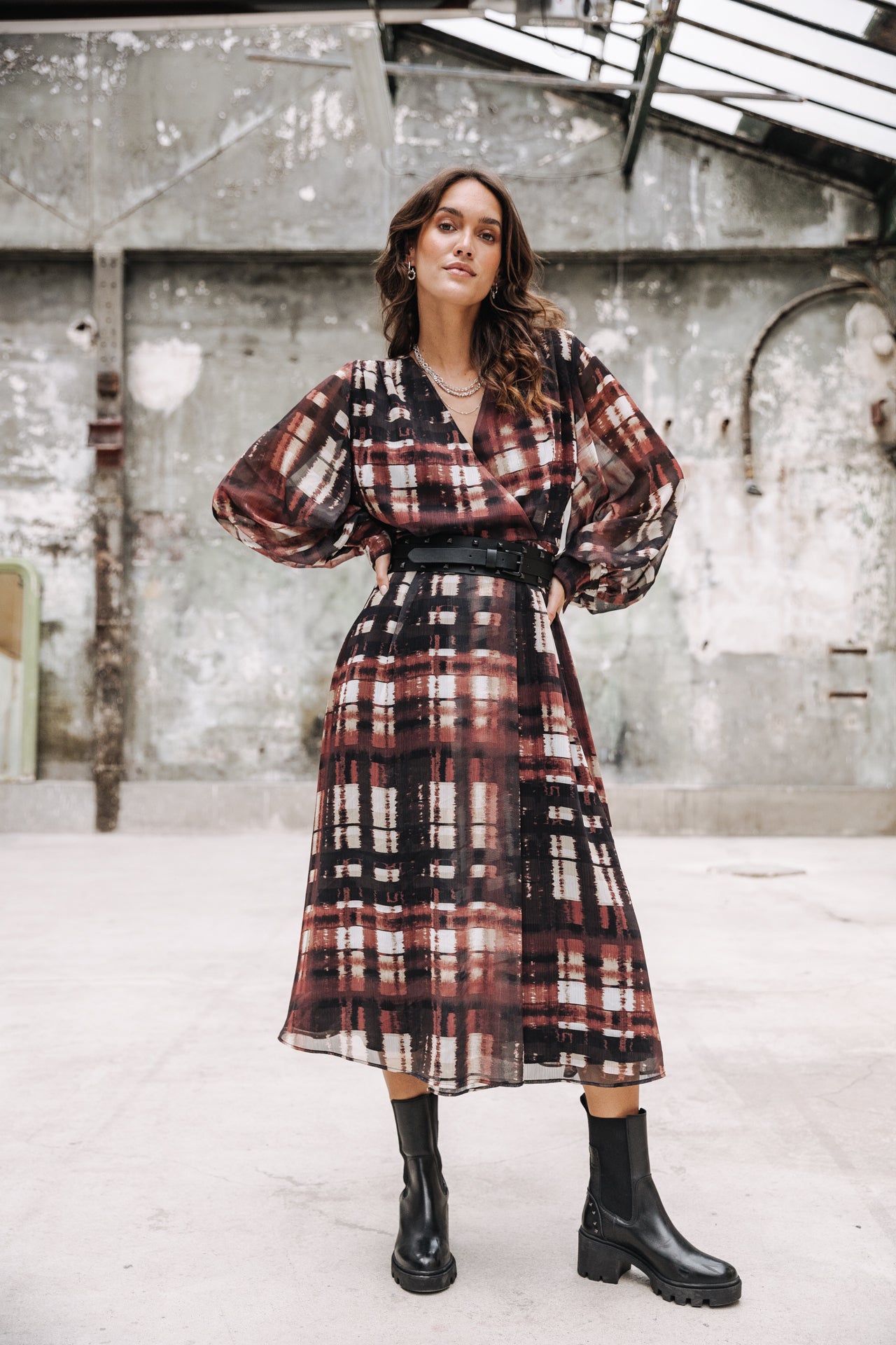 Robe longue cache-cœur Frau Rosella Blurry Gingham original | Freeman T. Porter