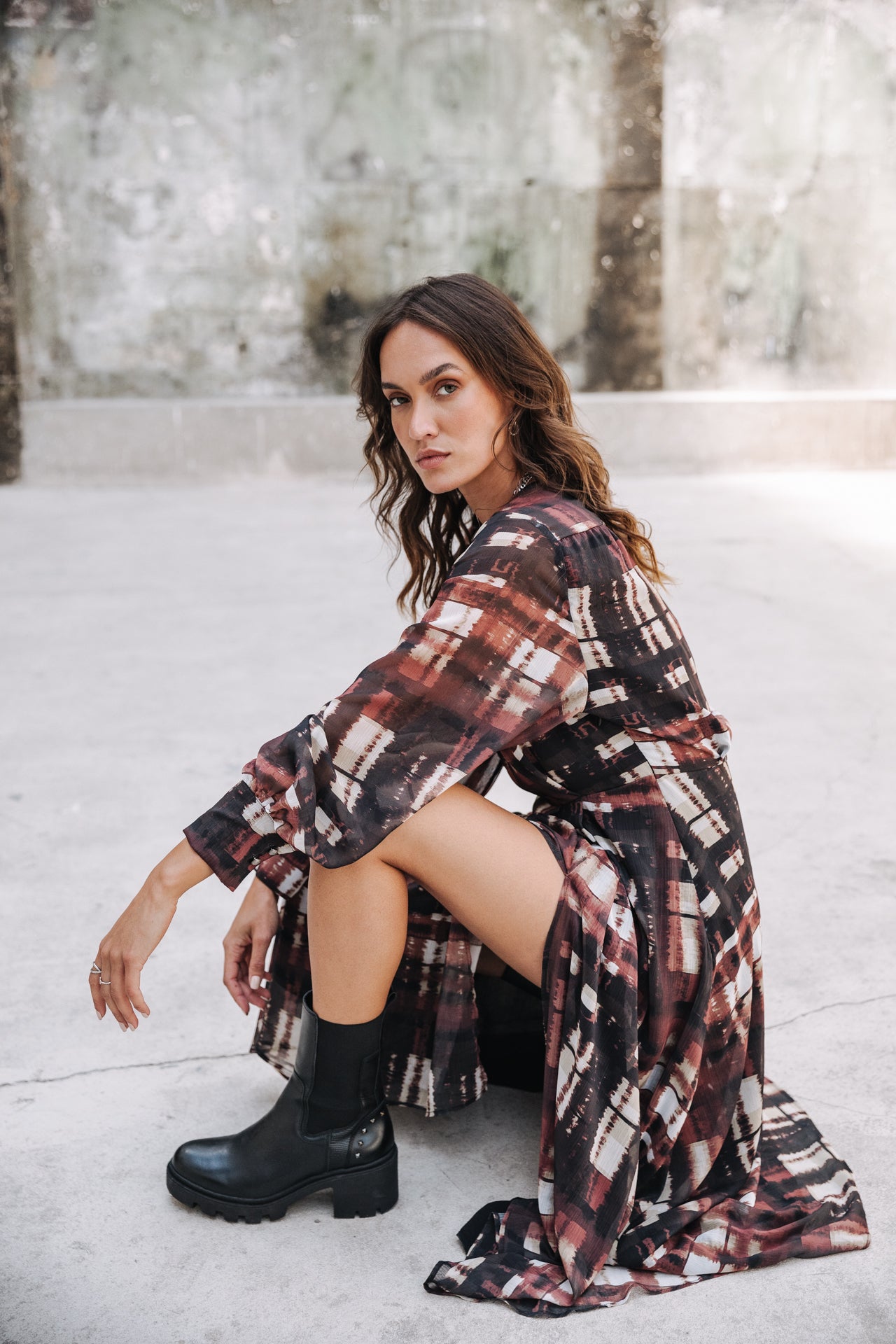 Robe longue cache-cœur Frau Rosella Blurry Gingham original | Freeman T. Porter