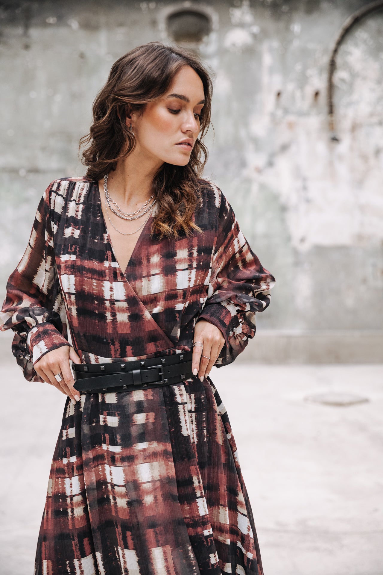 Robe longue cache-cœur Frau Rosella Blurry Gingham original | Freeman T. Porter