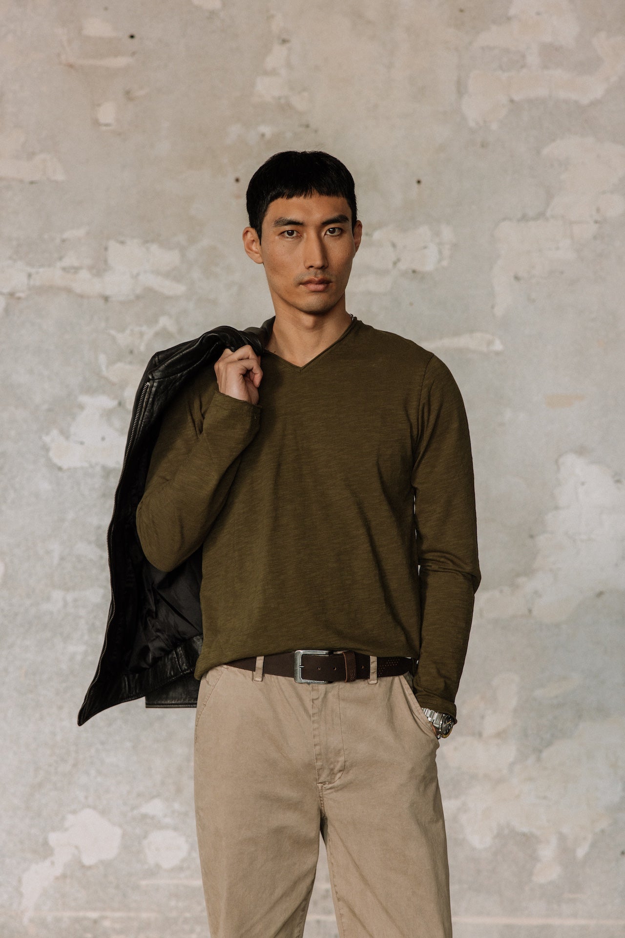 T-shirt en jersey flammé Hombres Leandro ML Kansas olive night | Freeman T. Porter
