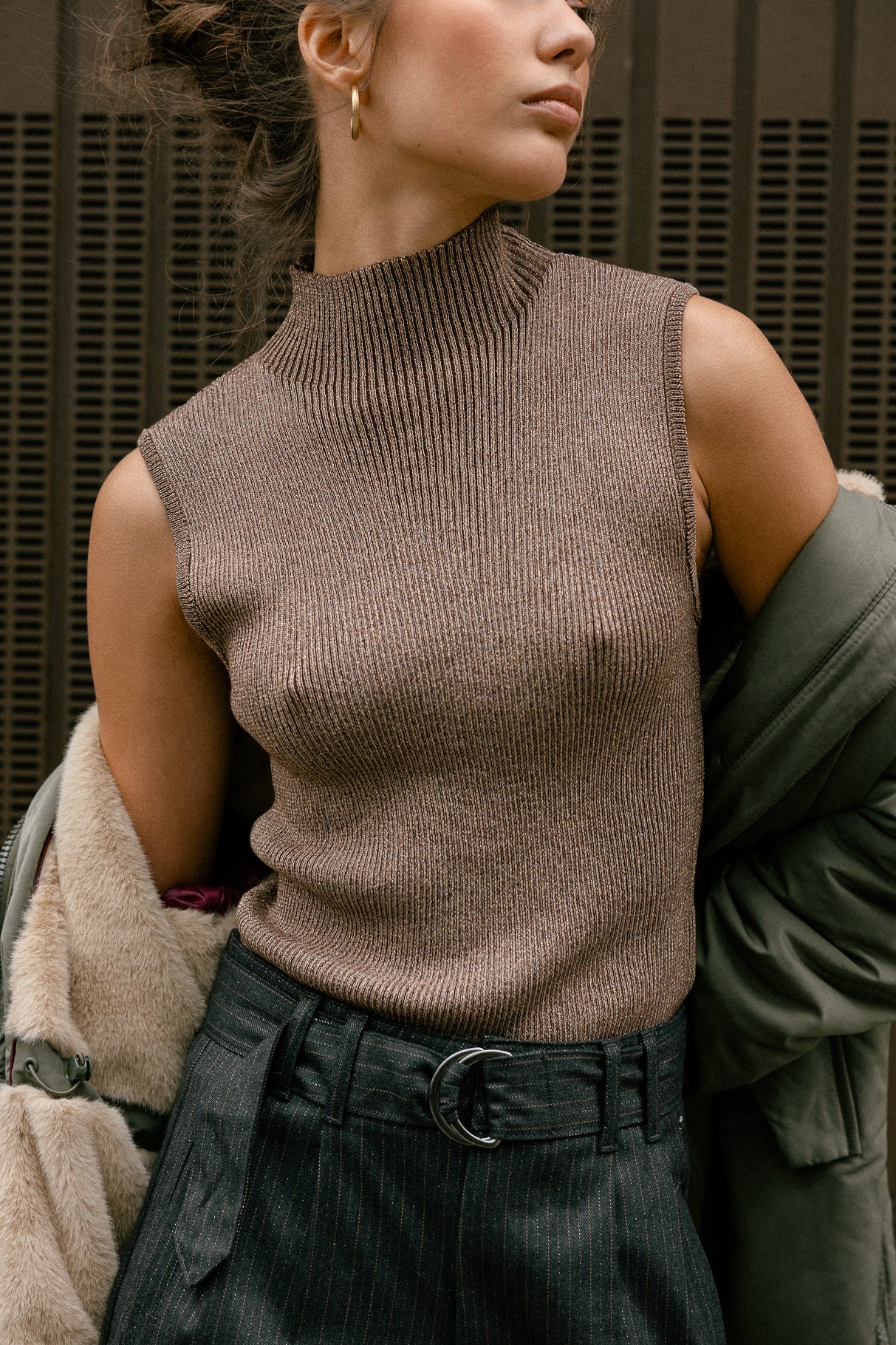Pull ajusté scintillant Femme Toria Lurex bronze brown | Freeman T. Porter