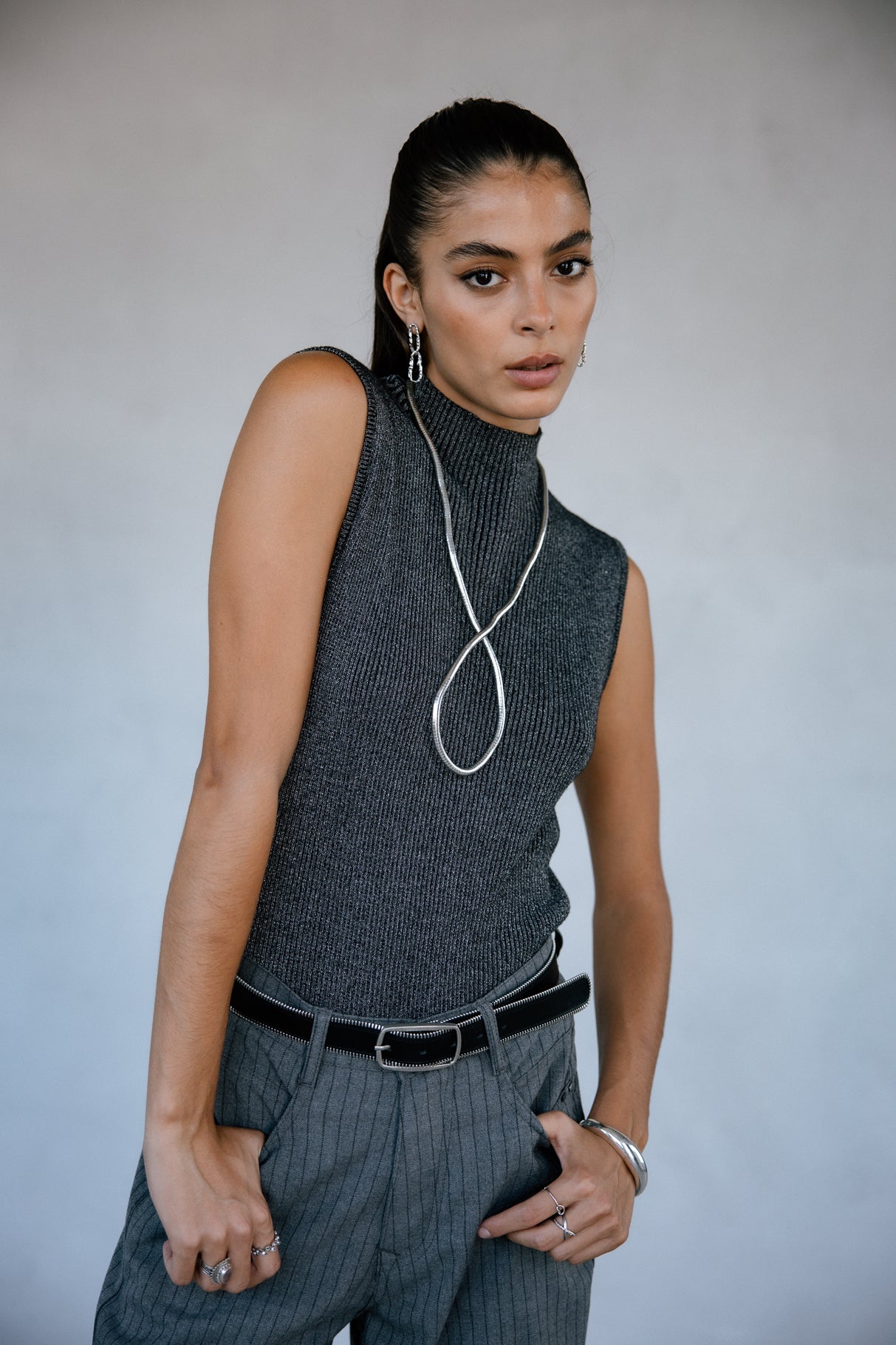 Pull ajusté scintillant Femme Toria Lurex gun metal | Freeman T. Porter