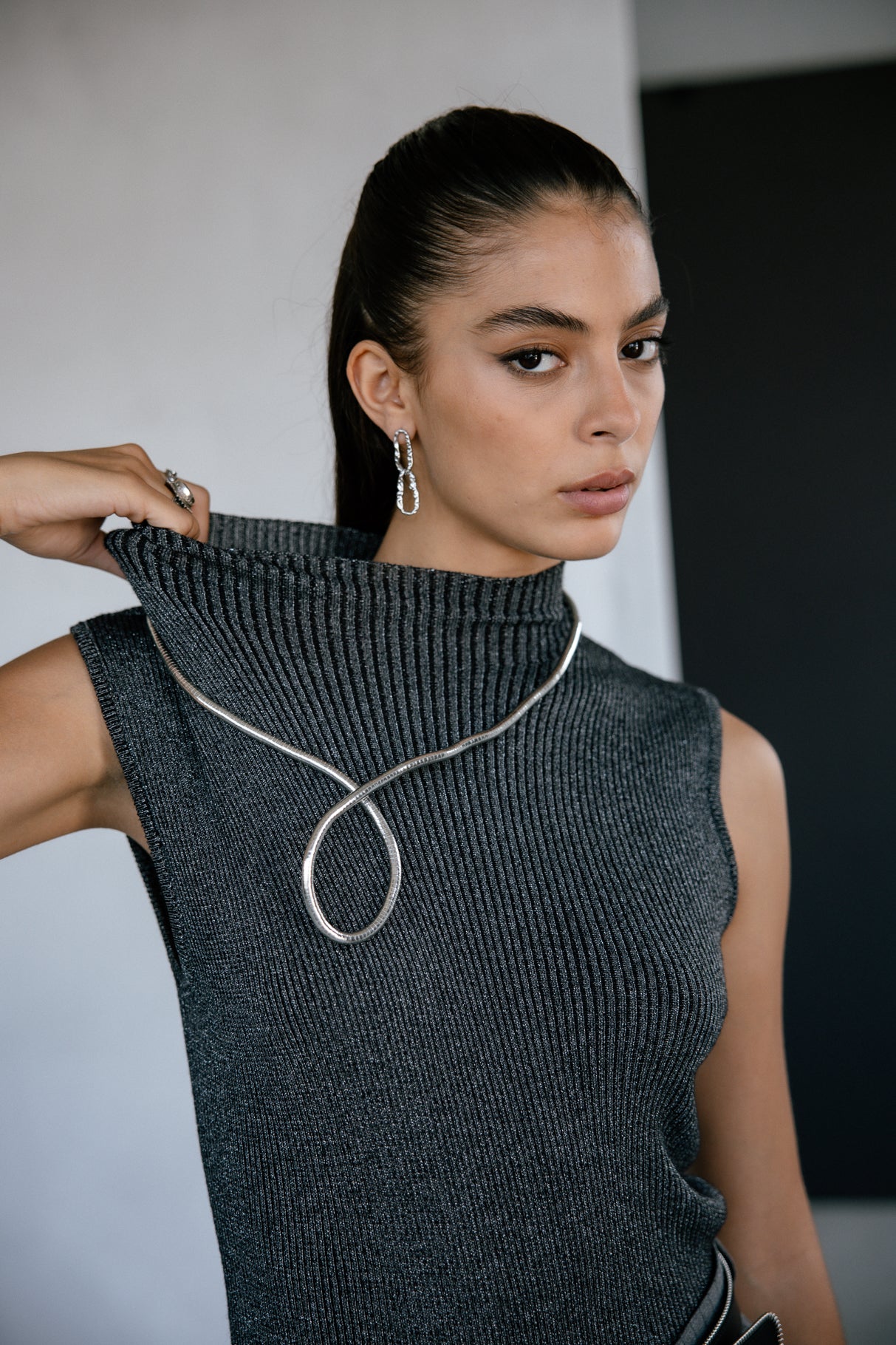 Pull ajusté scintillant Femme Toria Lurex gun metal | Freeman T. Porter