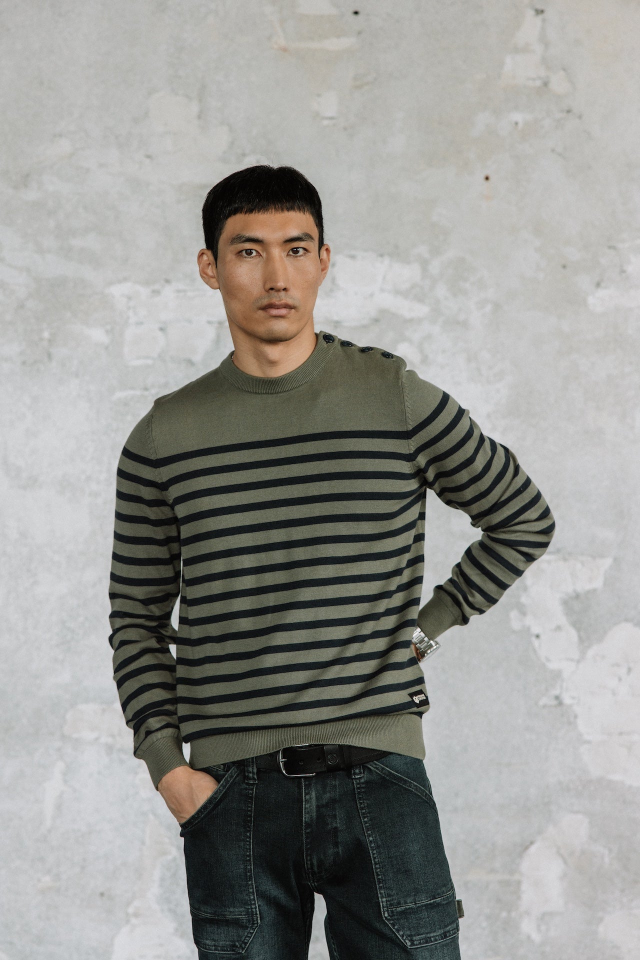 Pull marinière col boutonné Hombres Yanis Seaside tea leaf | Freeman T. Porter