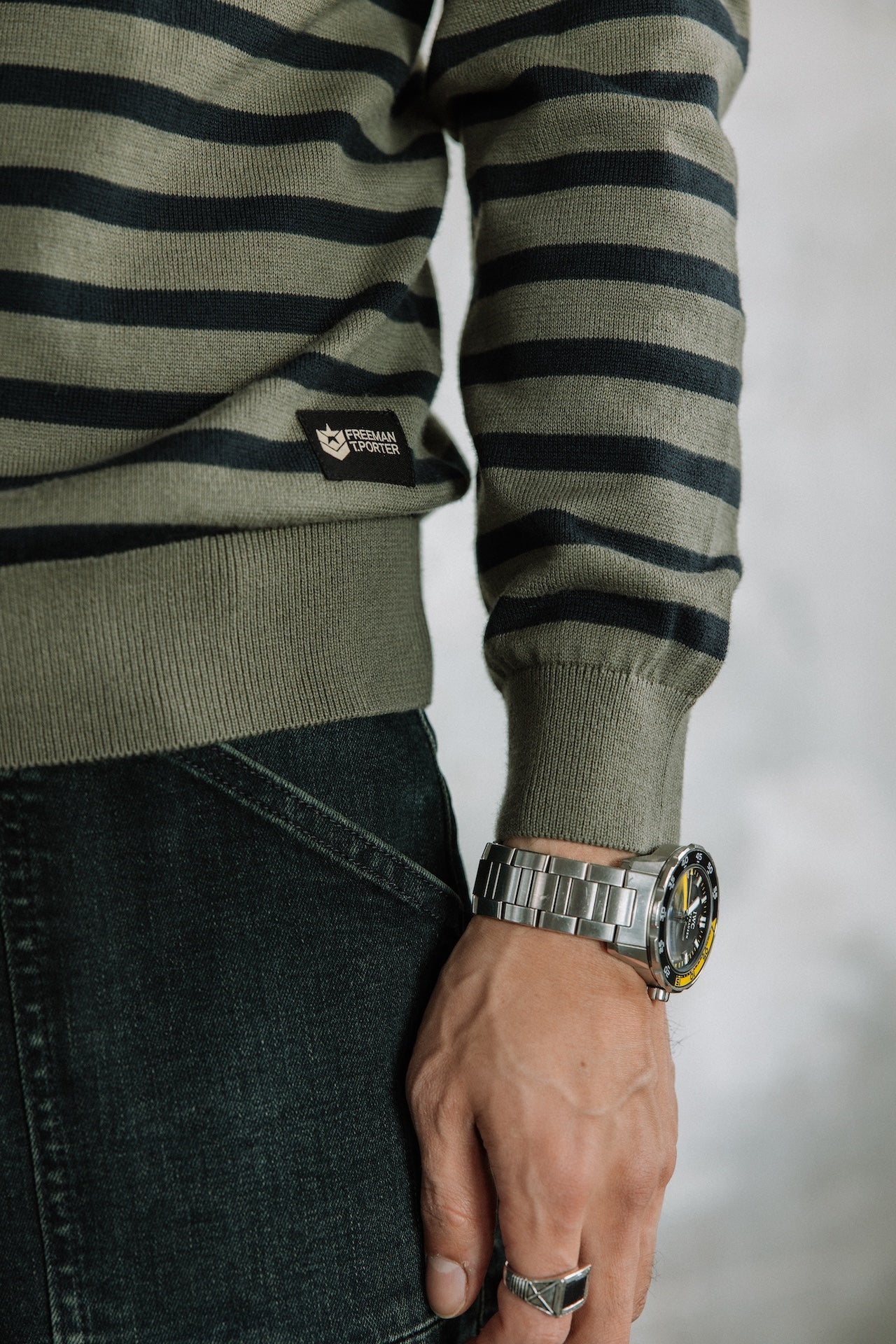 Pull marinière col boutonné Hombres Yanis Seaside tea leaf | Freeman T. Porter